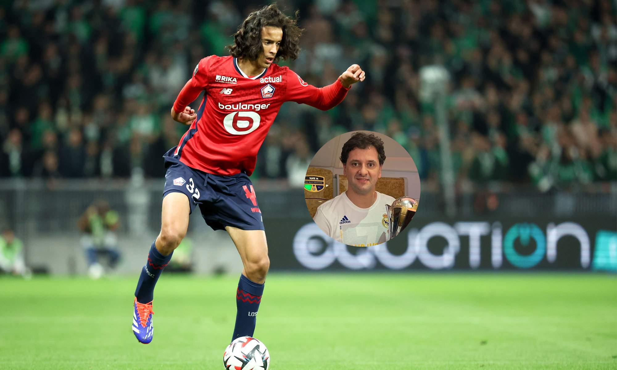 Ayyoub Bouaddi jugando un partido con el Lille y una foto de Juni Calafat. 