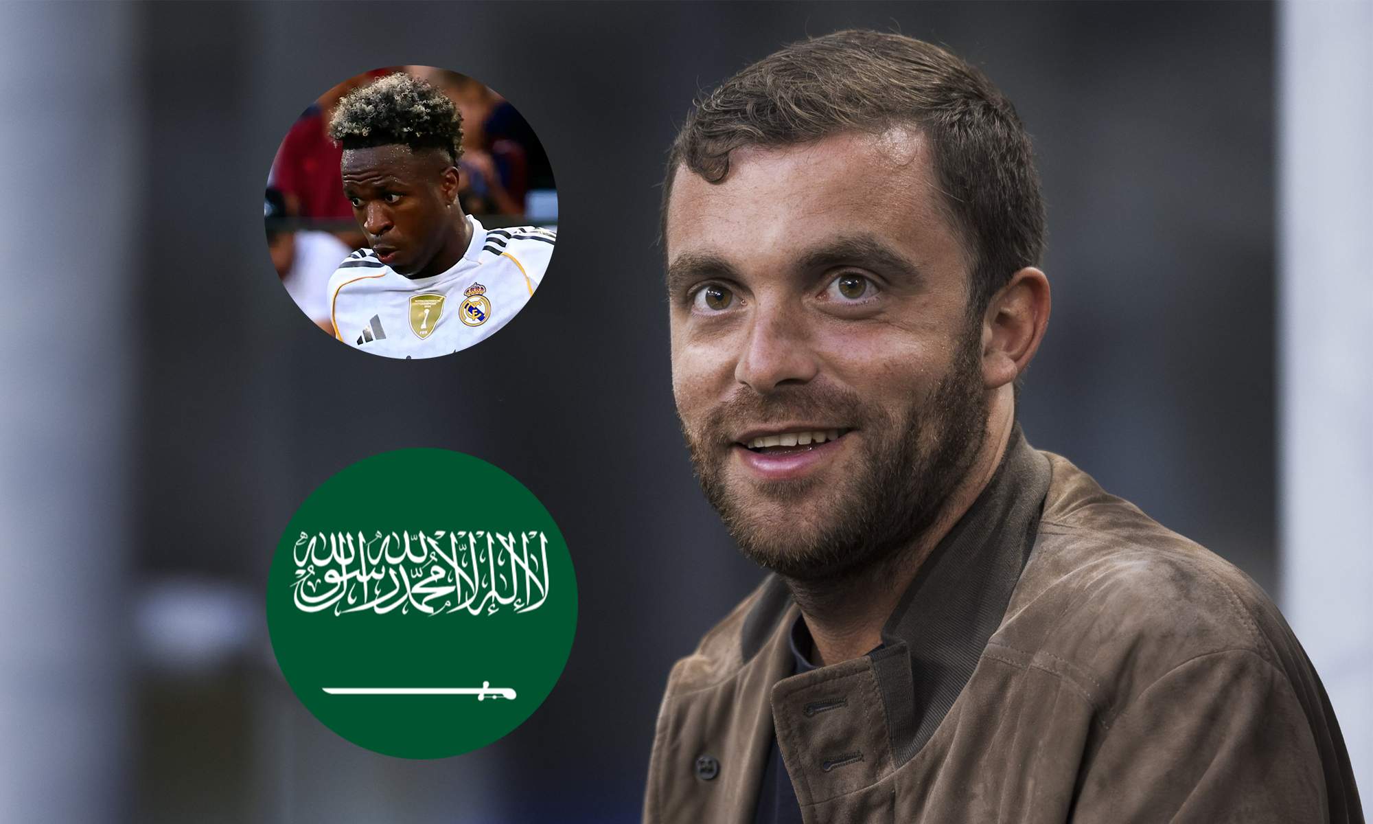 Fabrizio Romano y una foto de Vinícius Júnior y la bandera de Arabia.  Fabrizio Romano y una foto de Vinícius Júnior y la bandera de Arabia.
