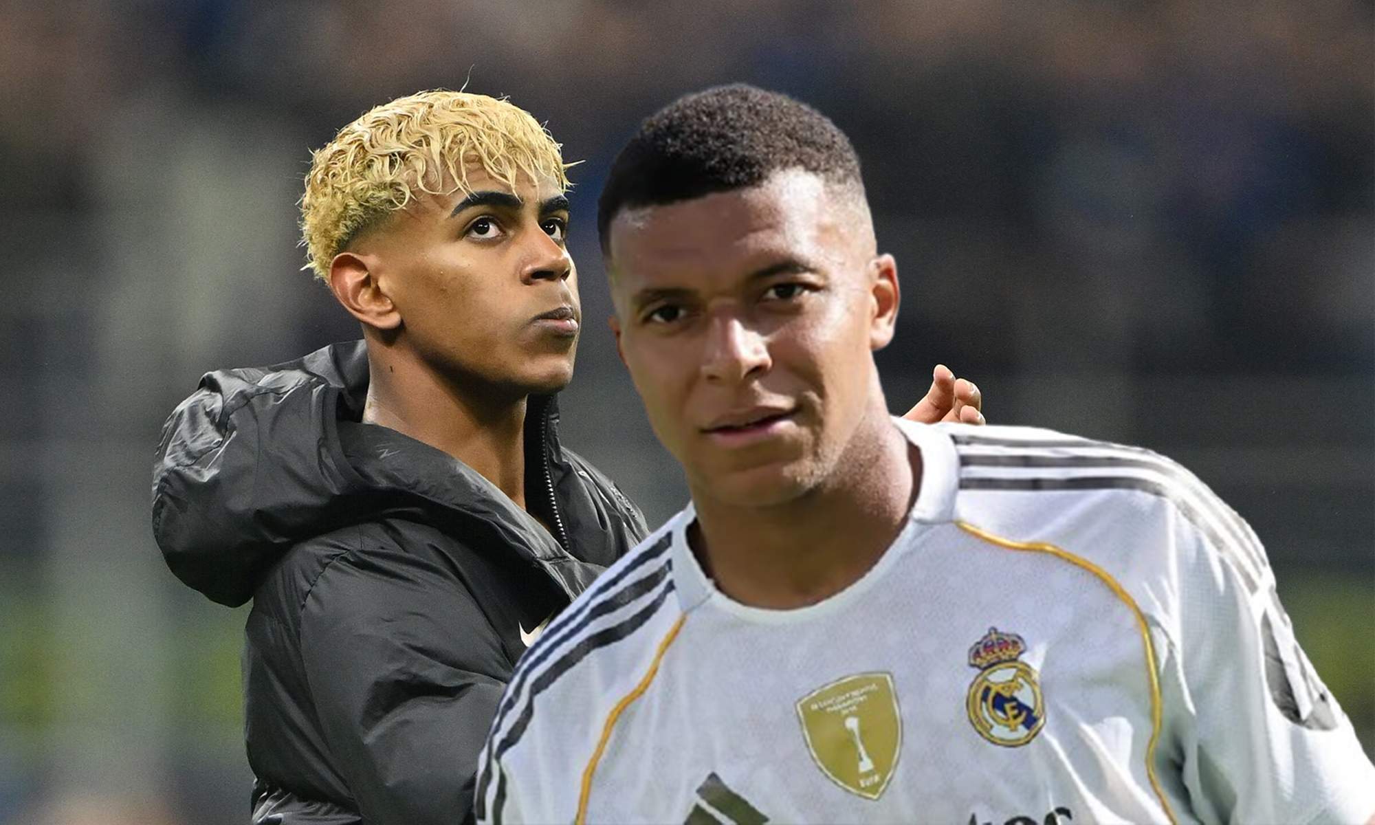Kylian Mbappé y una foto de Lamine Yamal. 
