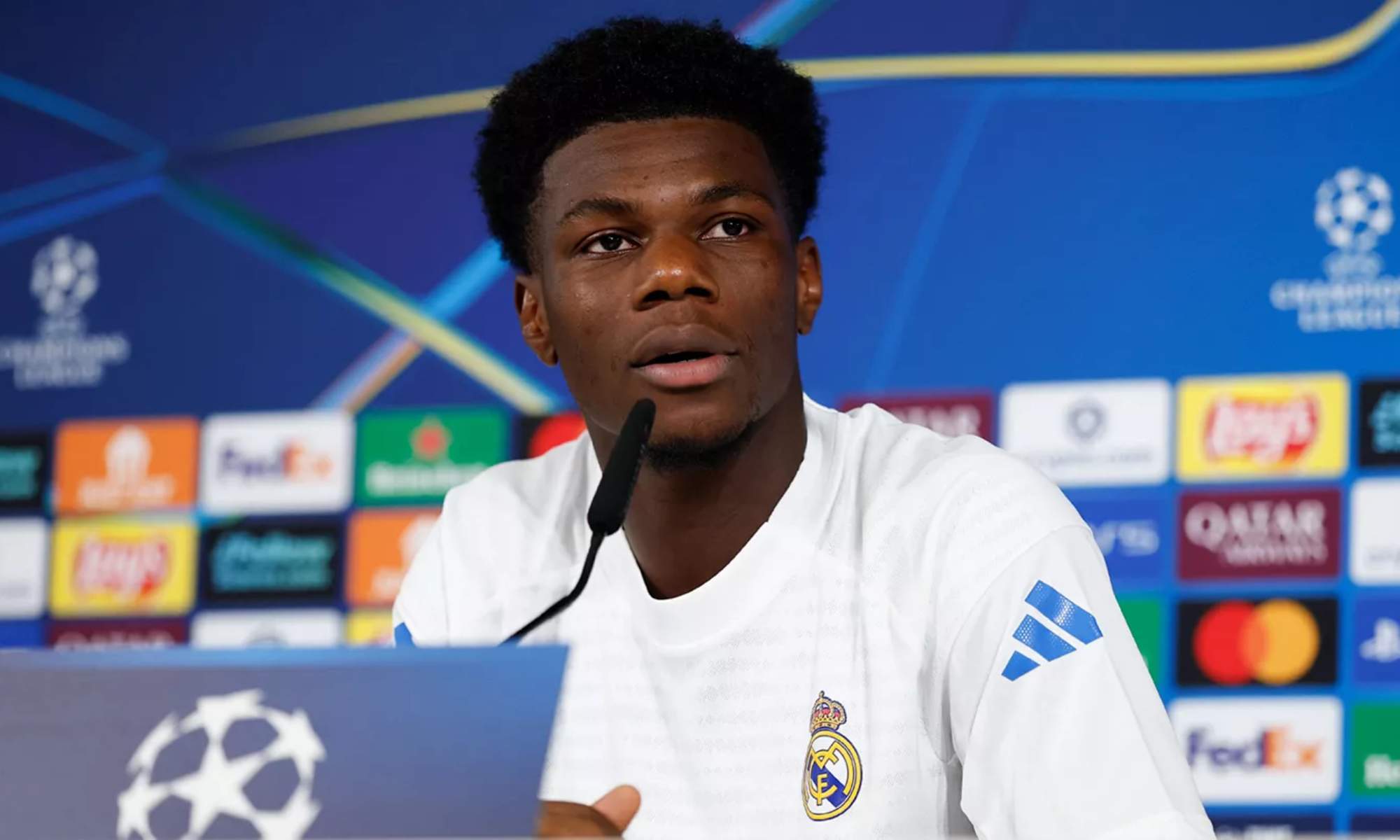 Aurelién Tchouameni, en la rueda de prensa de esta mañana en Valdebebas.