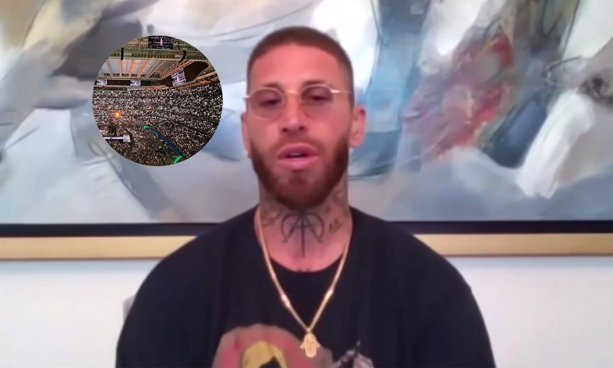 Sergio Ramos en una entrevista con la Agencia EFE y una foto del Santiago Bernabéu.