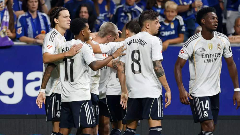 Jugadores del Real Madrid celebrando el gol de Mbappé (1) Jugadores del Real Madrid celebrando el gol de Mbappé (1)