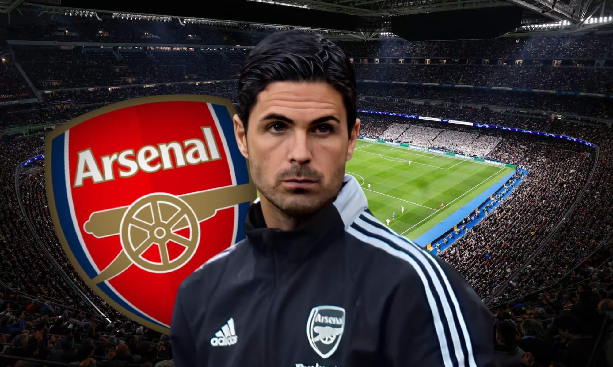 Mikel Arteta con escudo Arsenal y Bernabéu de fondo
