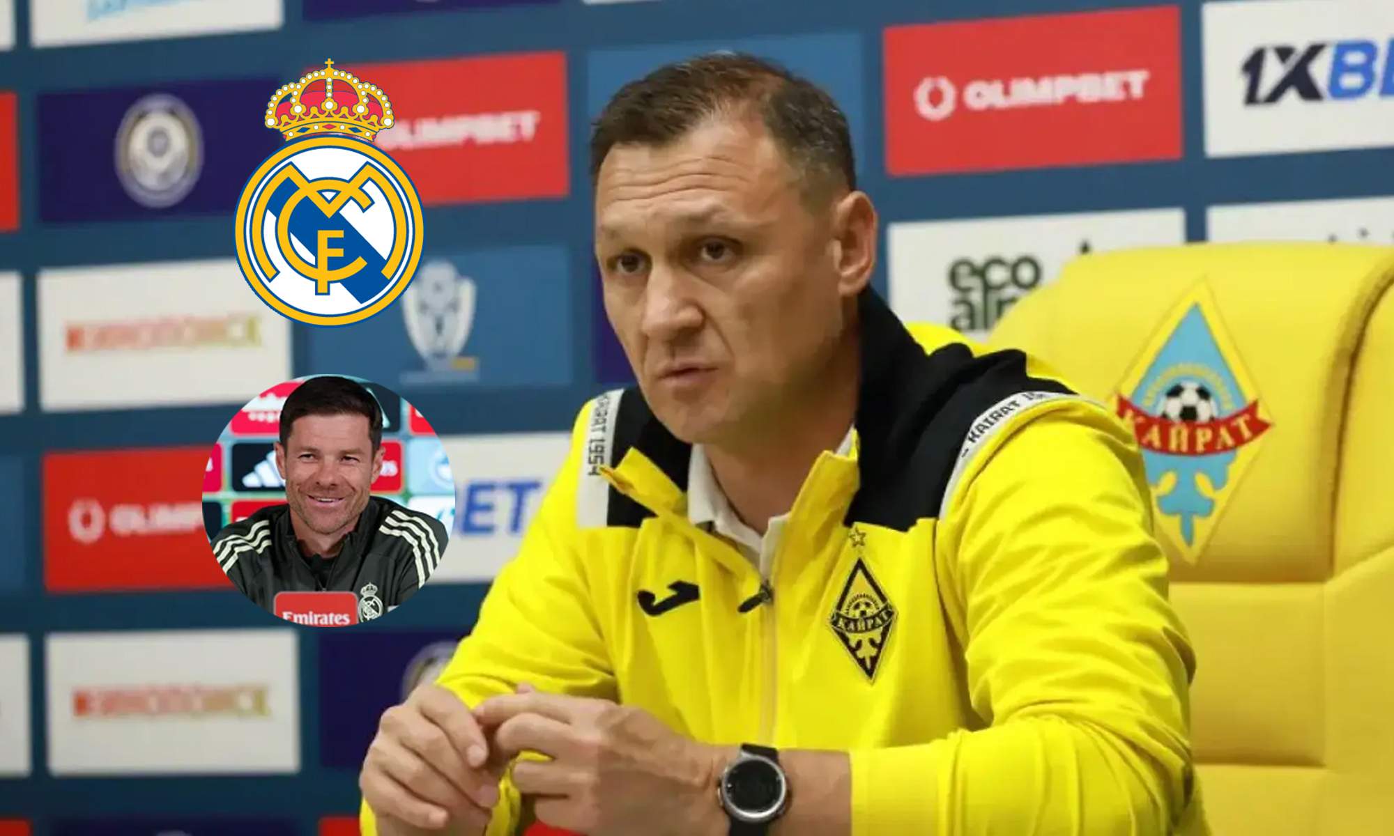 Entrenador del Almaty, Xabi Alonso y el escudo del Real Madrid.