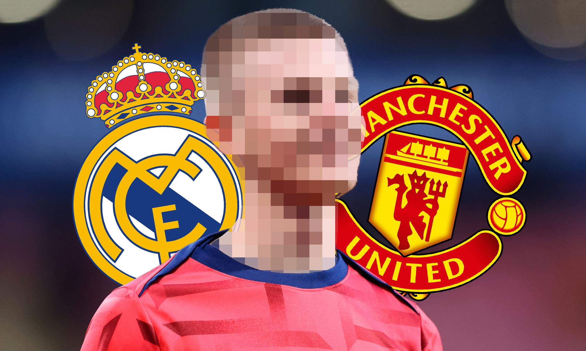 Jugador incognito con escudo Real Madrid y Manchester United