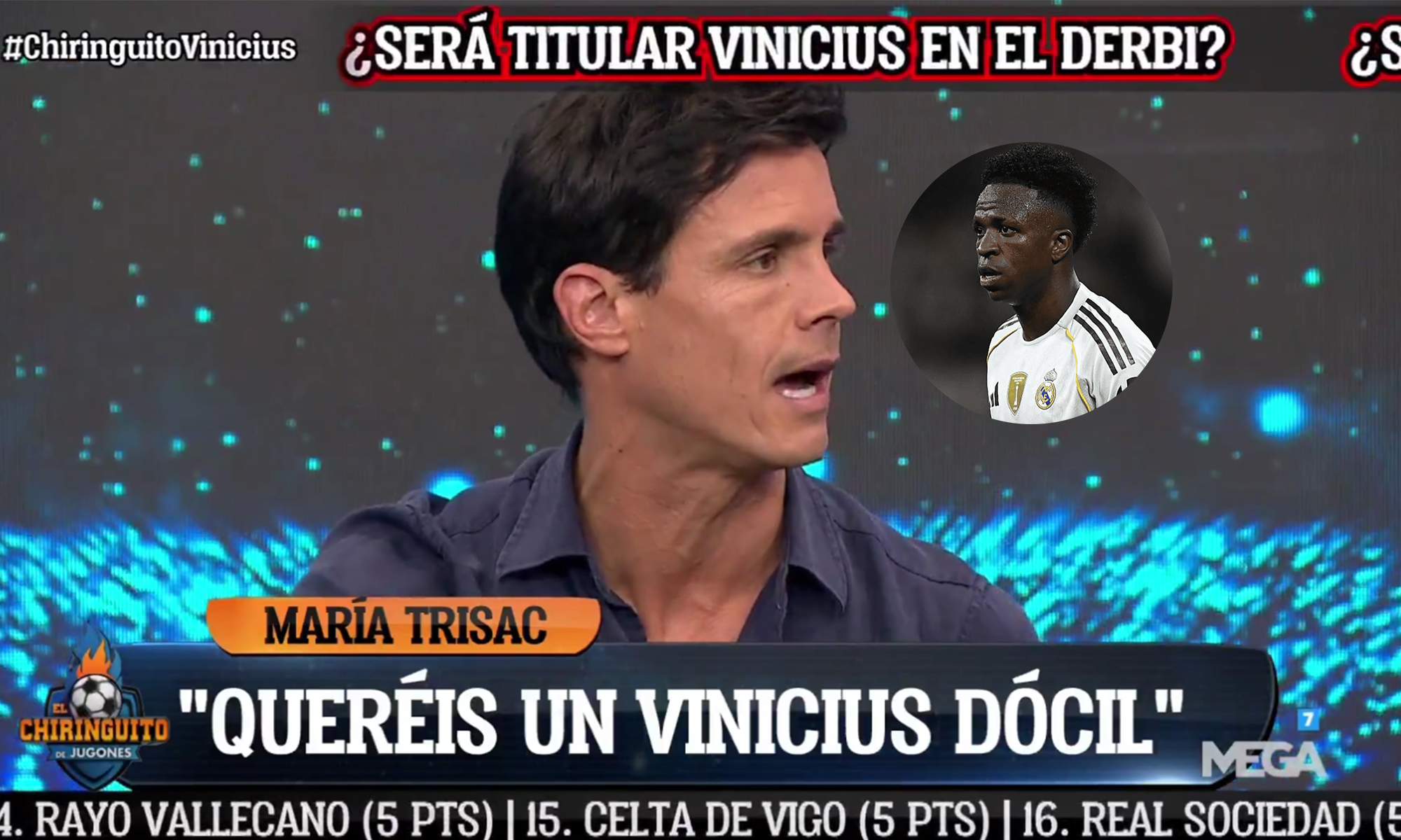 Edu Aguirre en El Chiringuito y una foto de Vinícius Júnior.