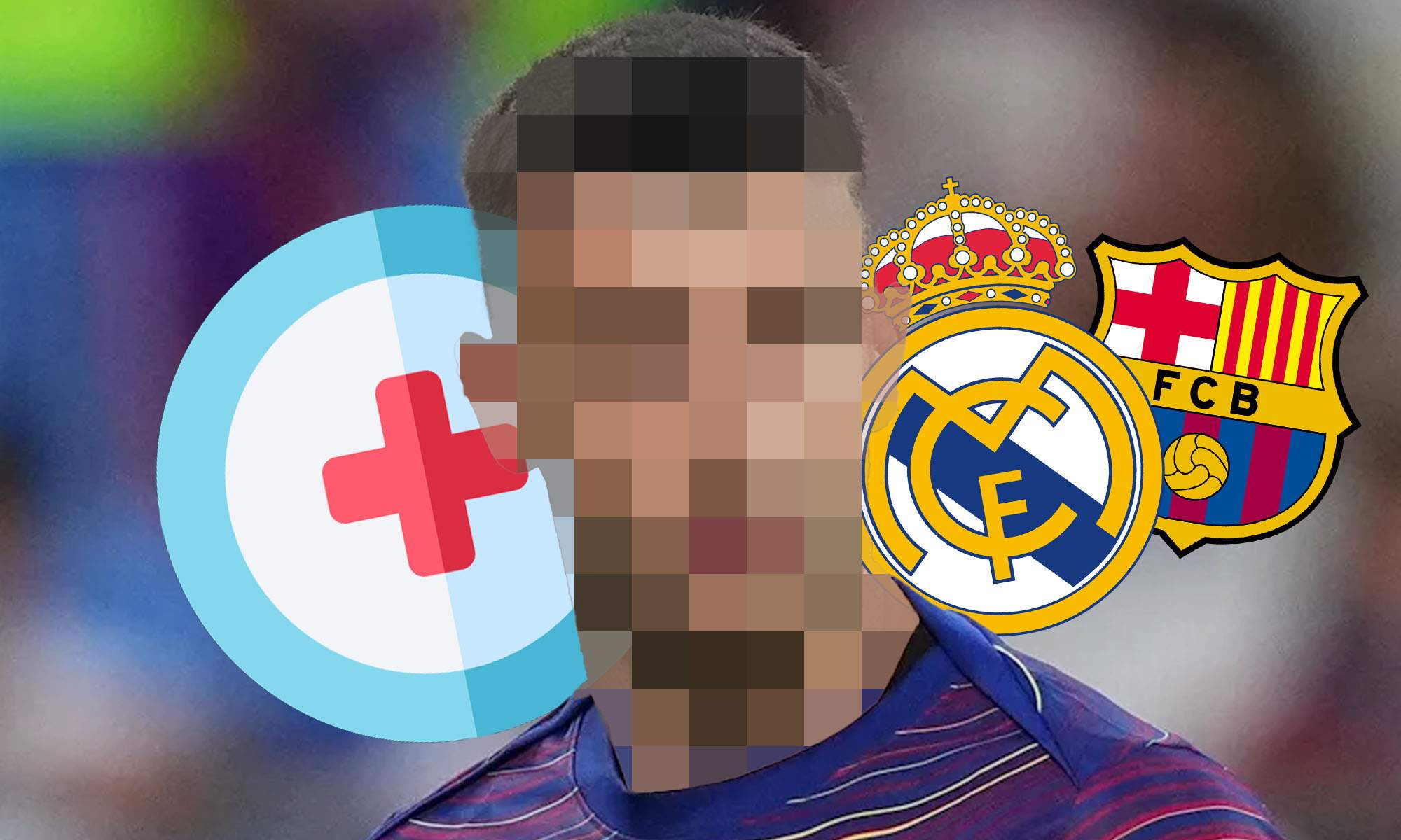Jugador incognito con simbolo lesion y escudos Real Madrid y Barcelona