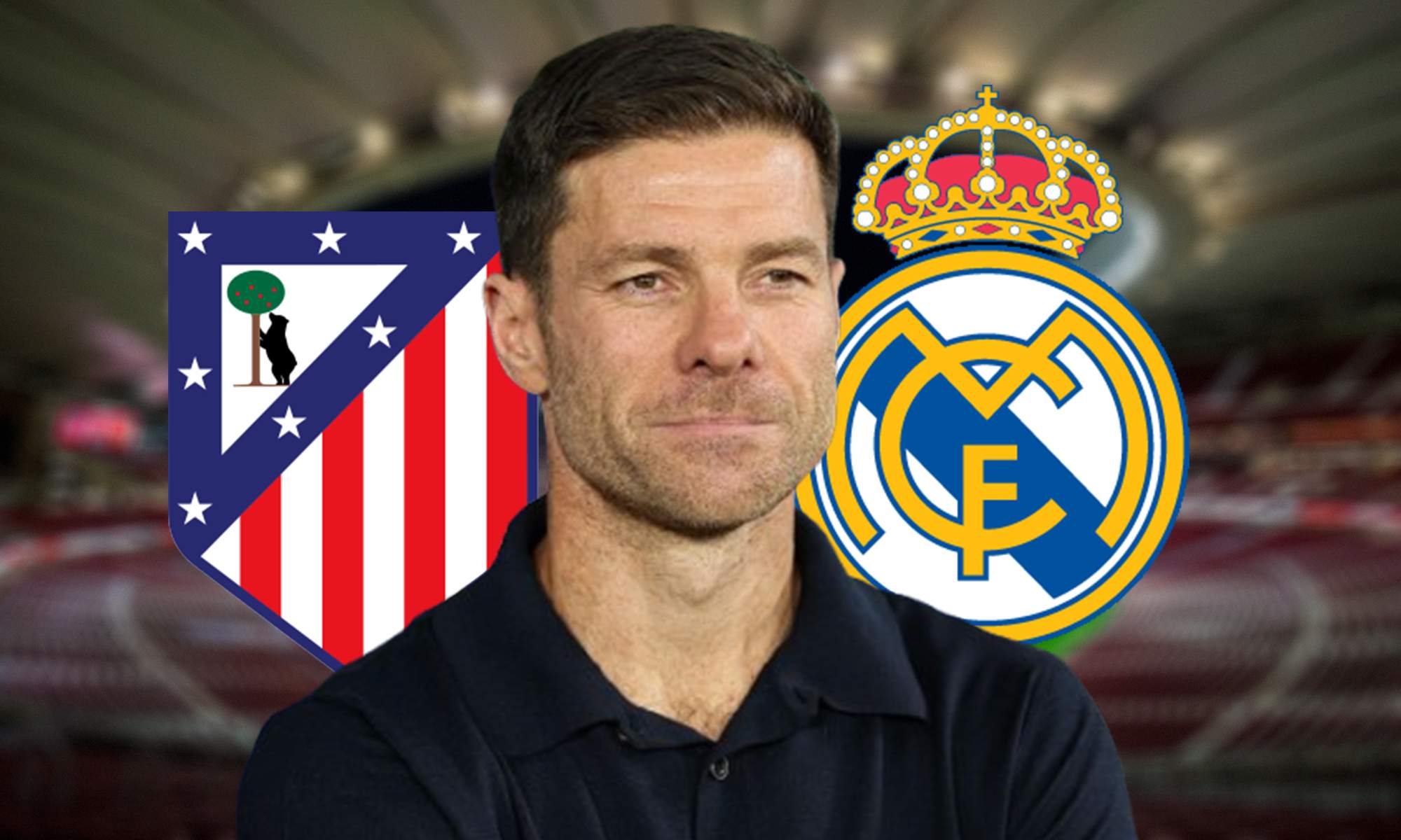 Xabi Alonso, escudos del Atlético de Madrid y el Real Madrid y el Metropolitano.