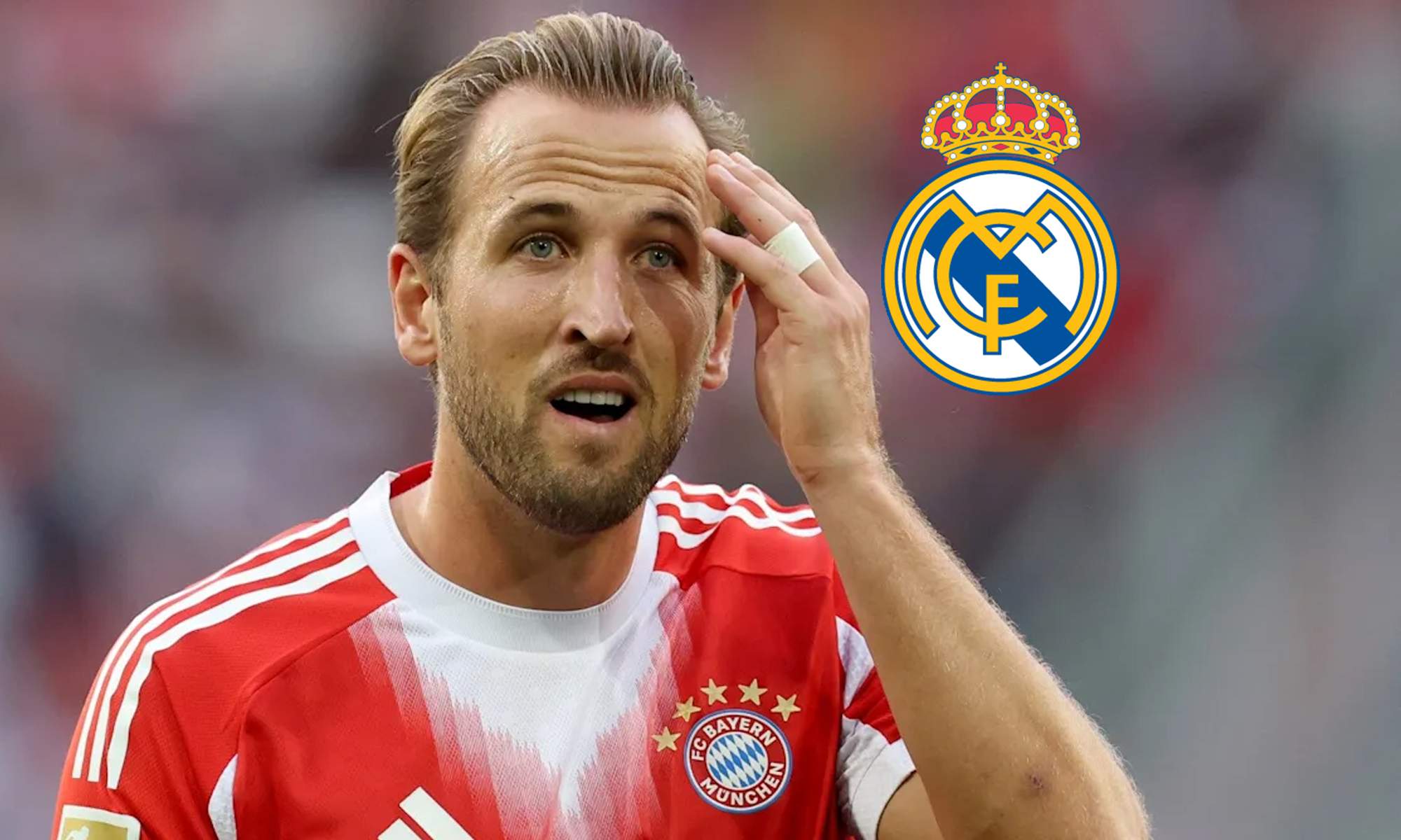 Harry Kane jugando un partido con el Bayern Múnich y el escudo del Real Madrid.