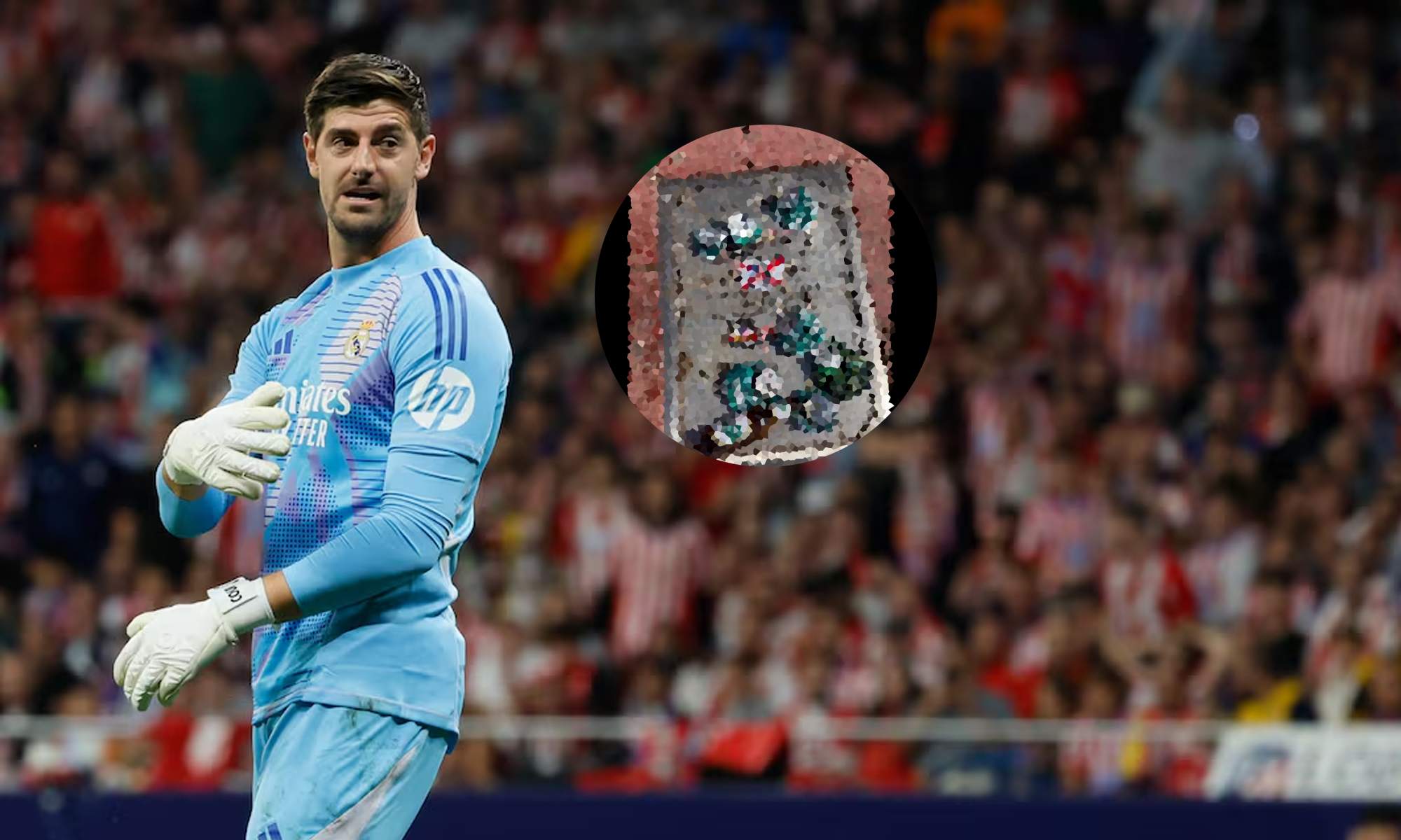 Thibaut Courtois en el Metropolitano y su placa en los alrededores del estadio.