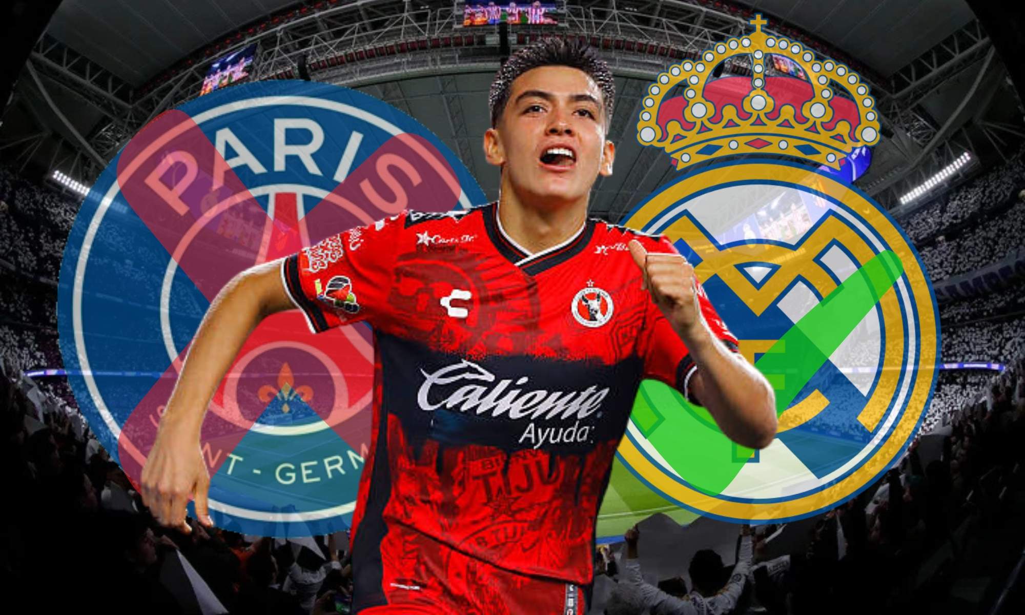 Gilberto Mora con escudos de PSG y Real Madrid