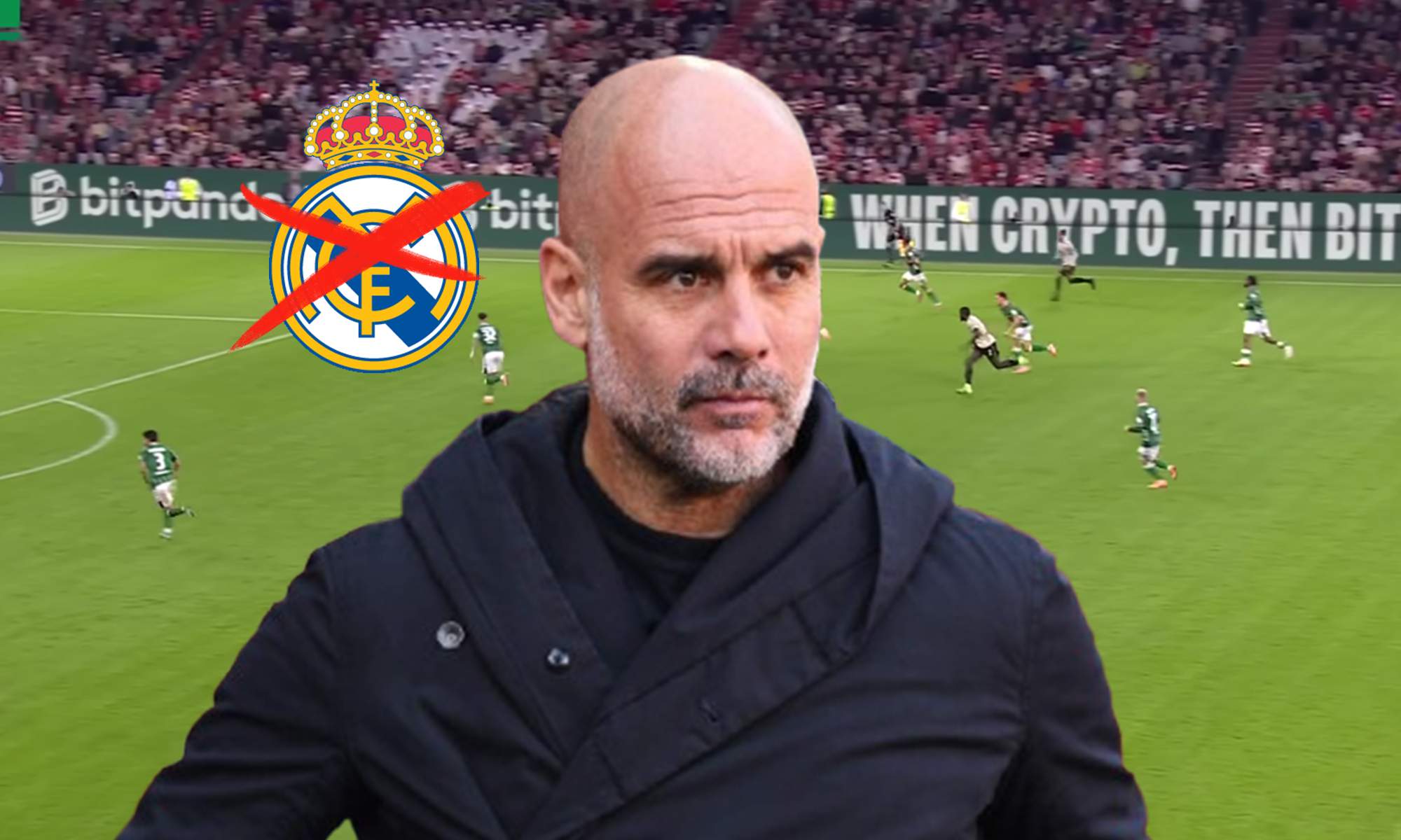 Pep Guardiola y el escudo del Real Madrid tachado. 