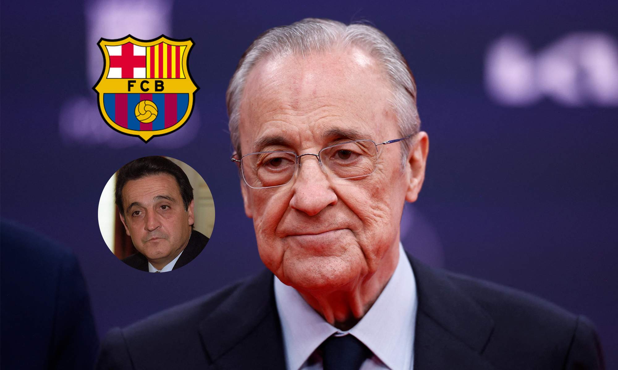 Florentino Pérez, el escudo del Barcelona y Enríquez Negreira.