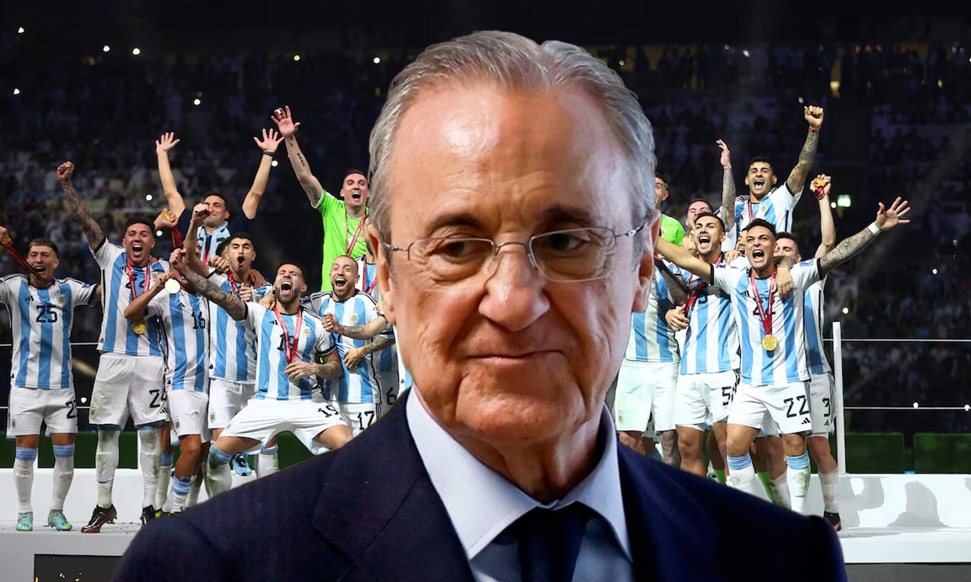 Florentino Pérez y jugadores de la Selección Argentina celebrando el Mundial. 