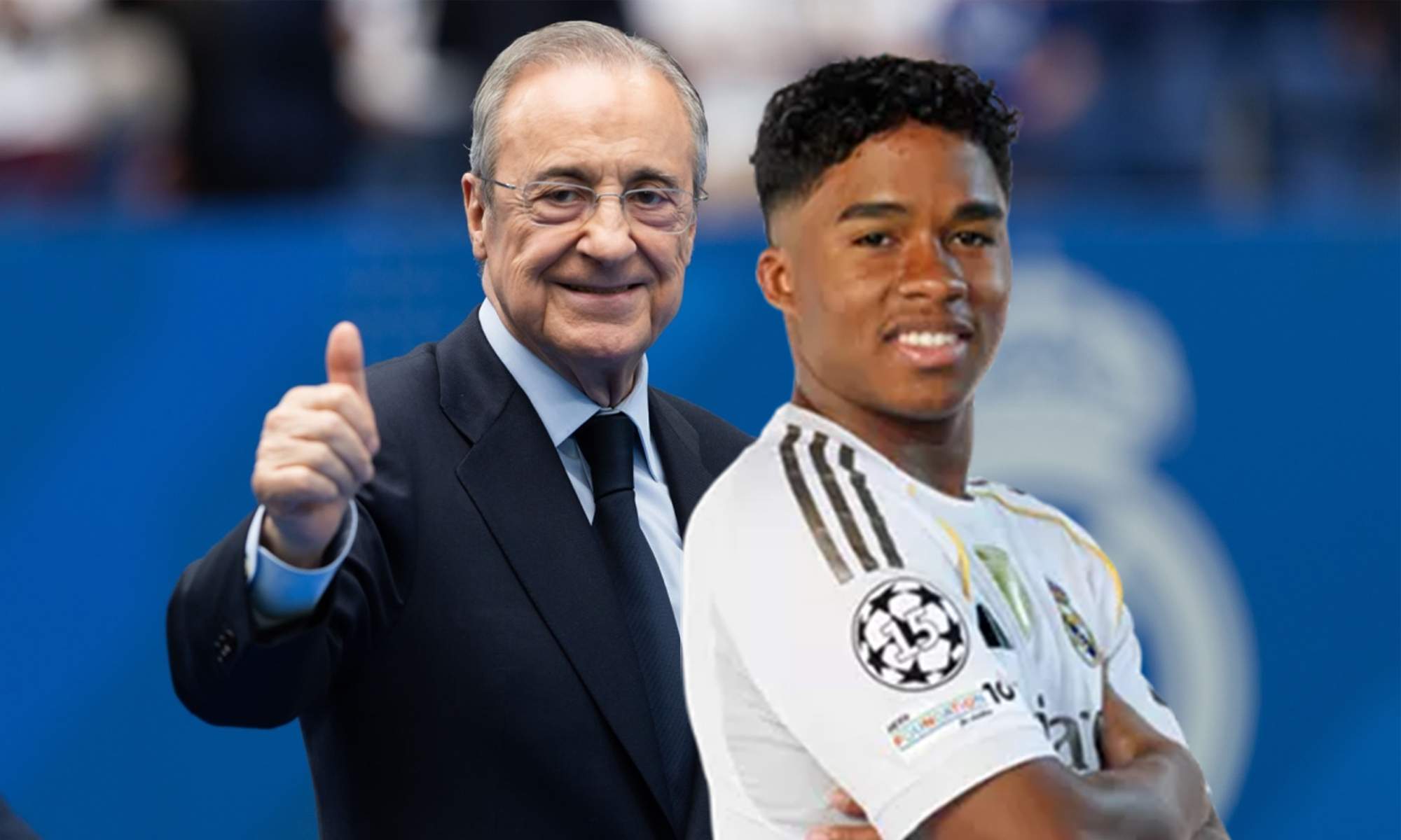 Endrick con la camiseta del Real Madrid y Florentino Pérez.
