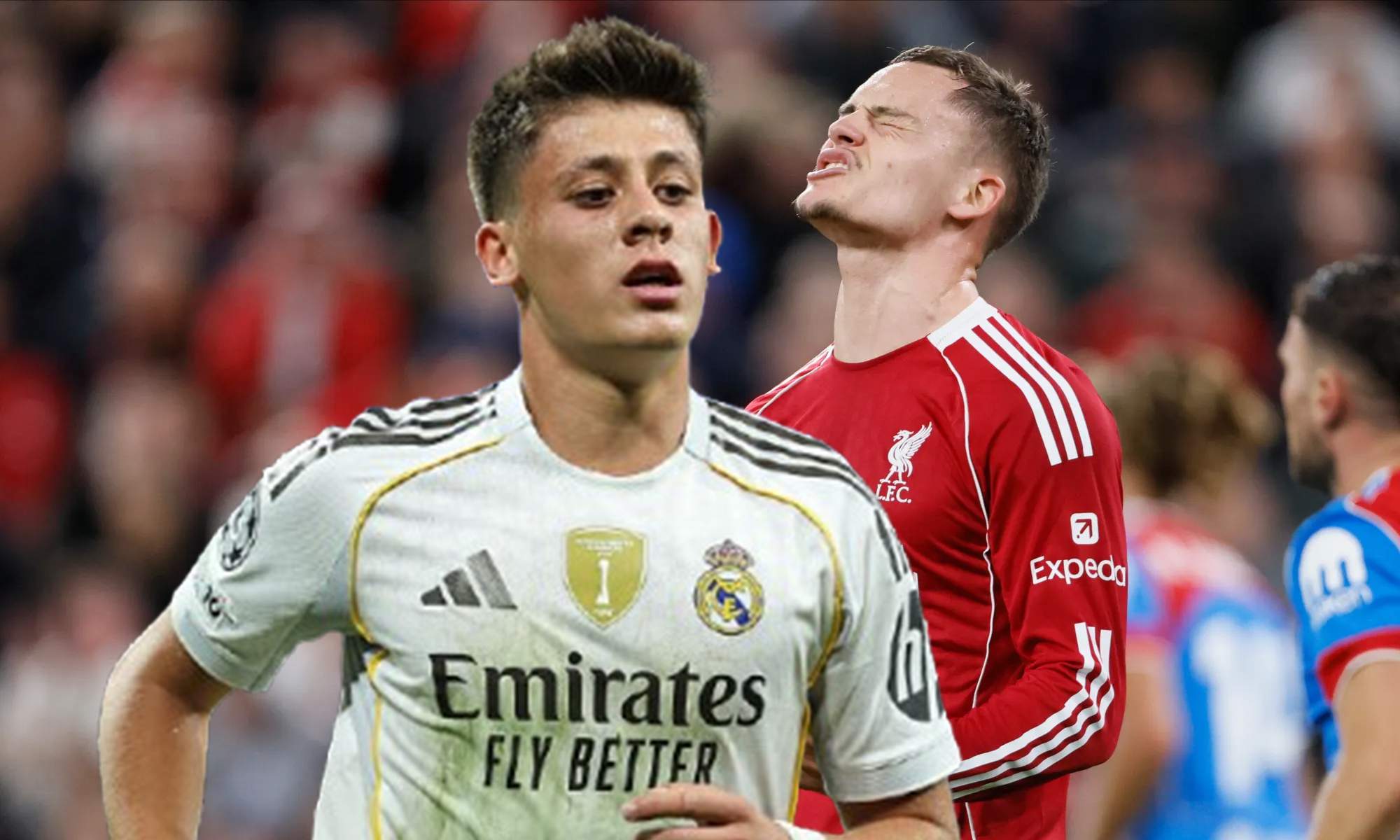Arda Güler jugando un partido con el Real Madrid y Florian Wirtz con el Liverpool.