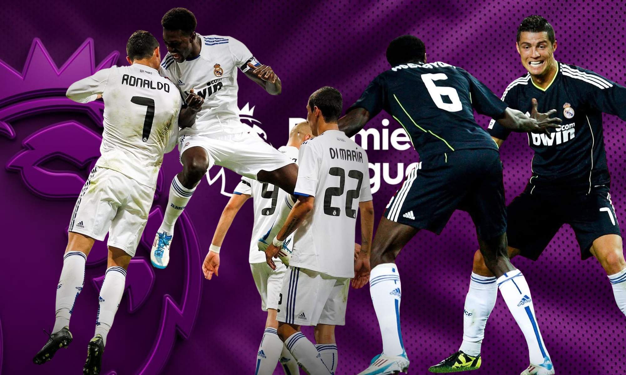 Cristiano Ronaldo y Adebayor sobre el fondo de la Premier League