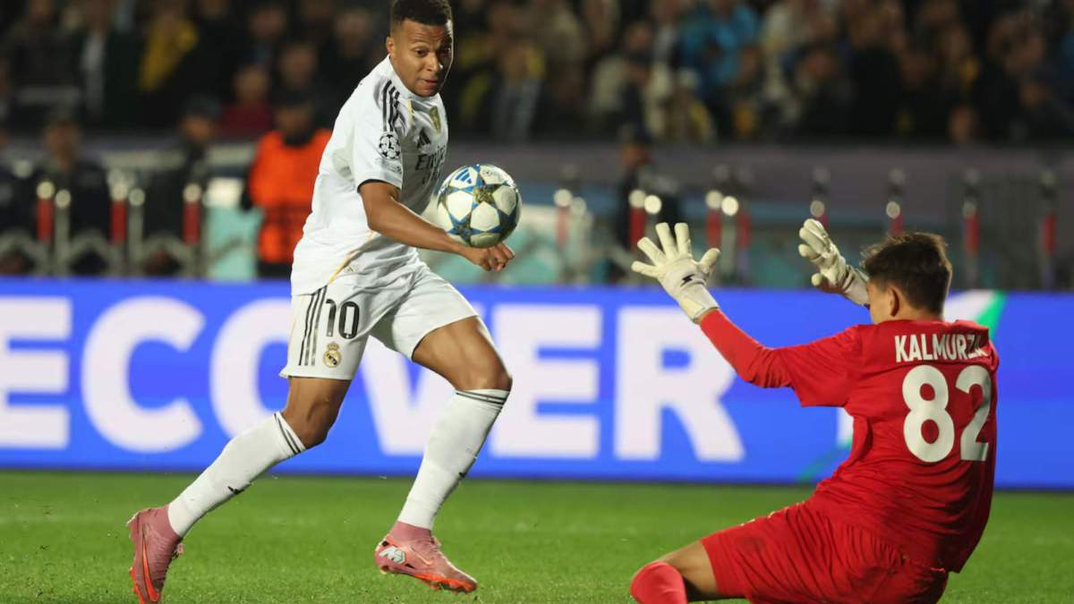 Kylian Mbappé, marcando su segundo gol ante el Kairat, en el encuentro de Champions de este martes. Kylian Mbappé, marcando su segundo gol ante el Kairat, en el encuentro de Champions de este martes.
