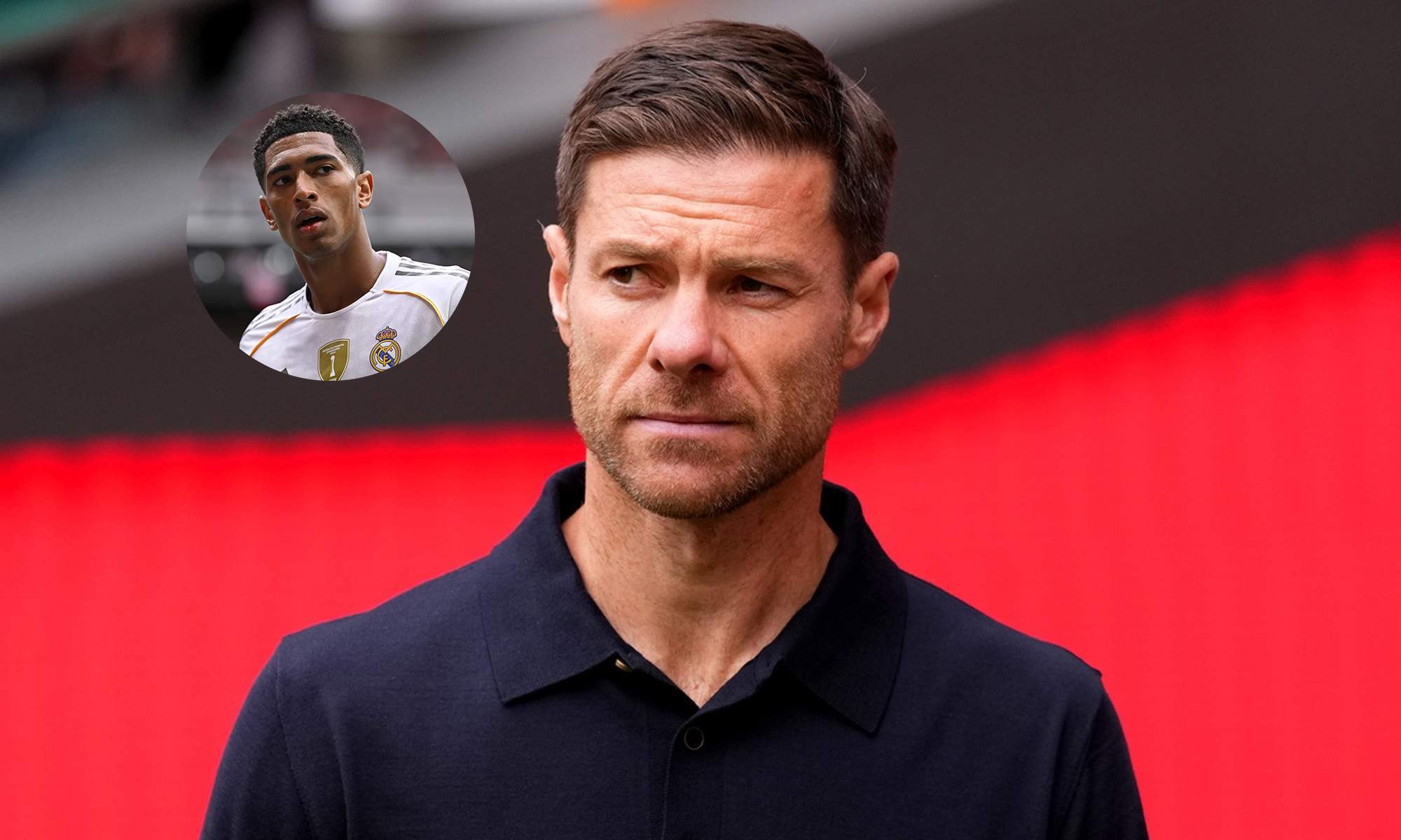 Xabi Alonso y una foto de Jude Bellingham con el Real Madrid.
