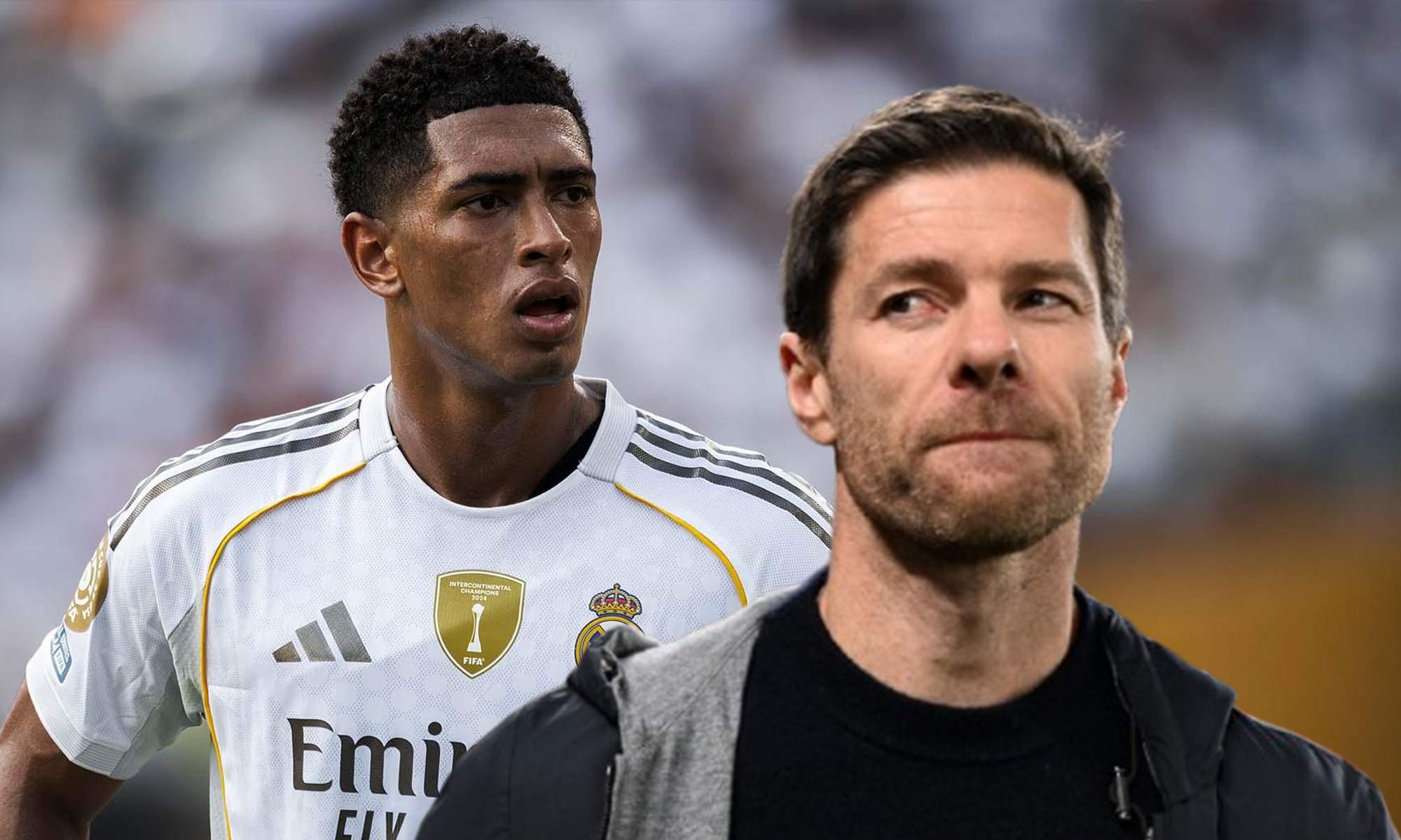 Xabi Alonso y una foto de Jude Bellingham en un partido del Real Madrid.