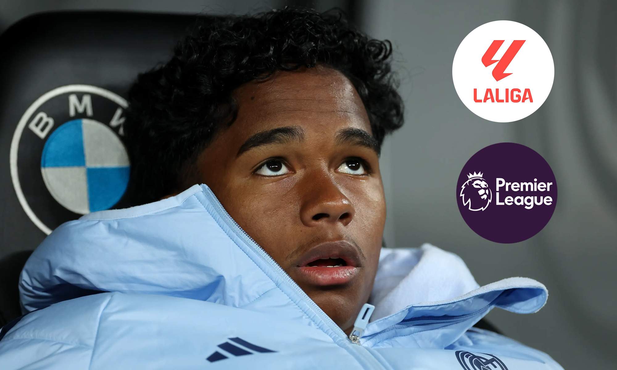Endrick en el banquillo y los logos de LaLiga y la Premier League.