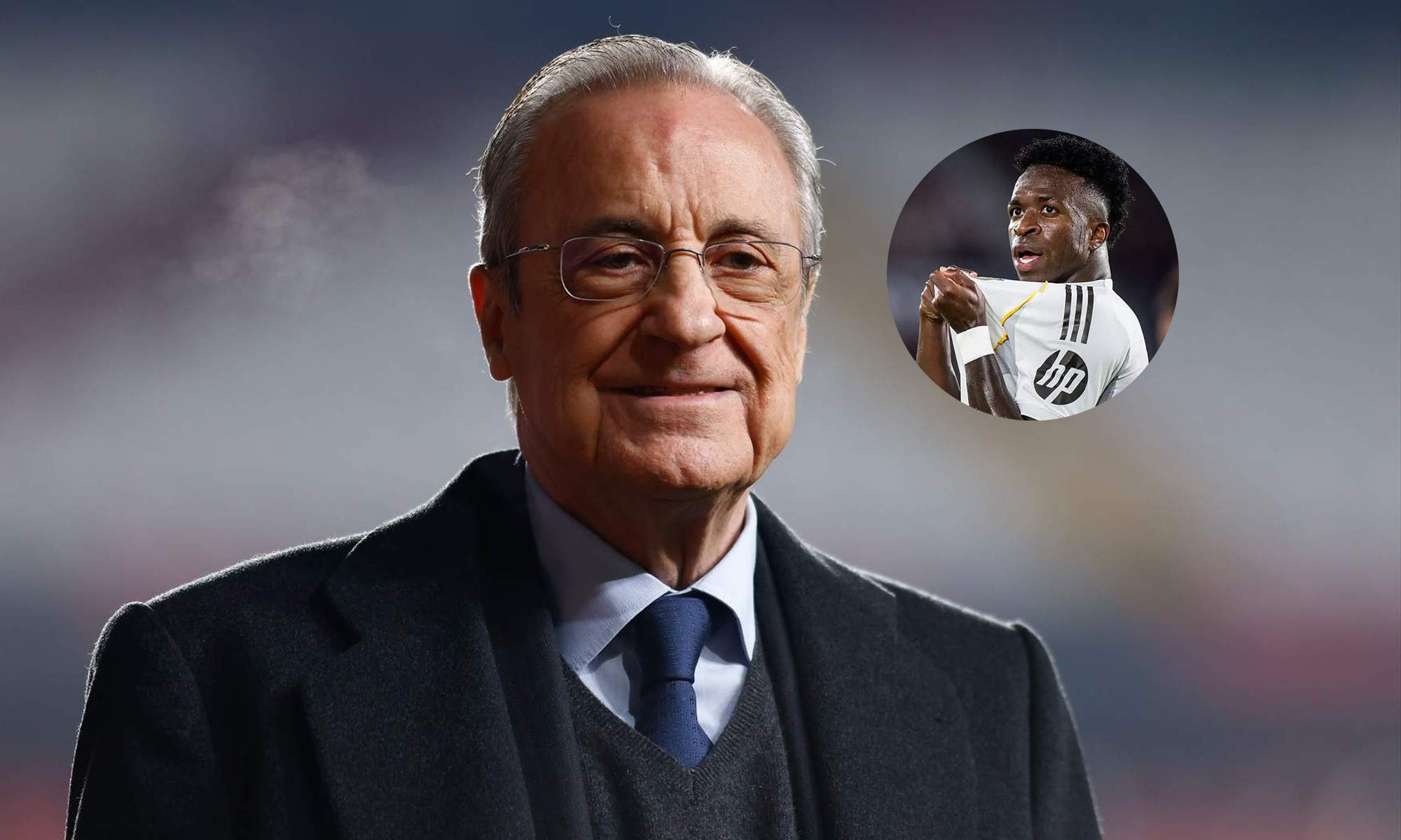 Florentino Pérez y una foto de Vinícius Júnior con el escudo del Real Madrid.