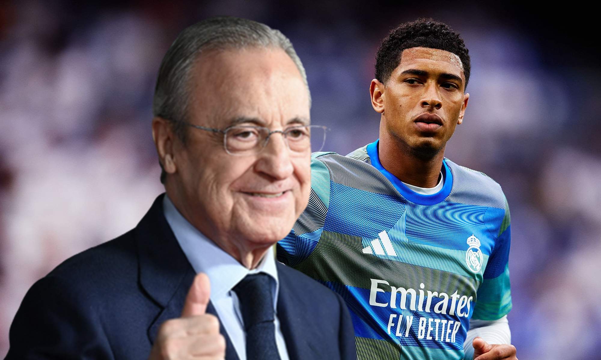 Florentino Pérez y Jude Bellingham en un calentamiento del Real Madrid. 