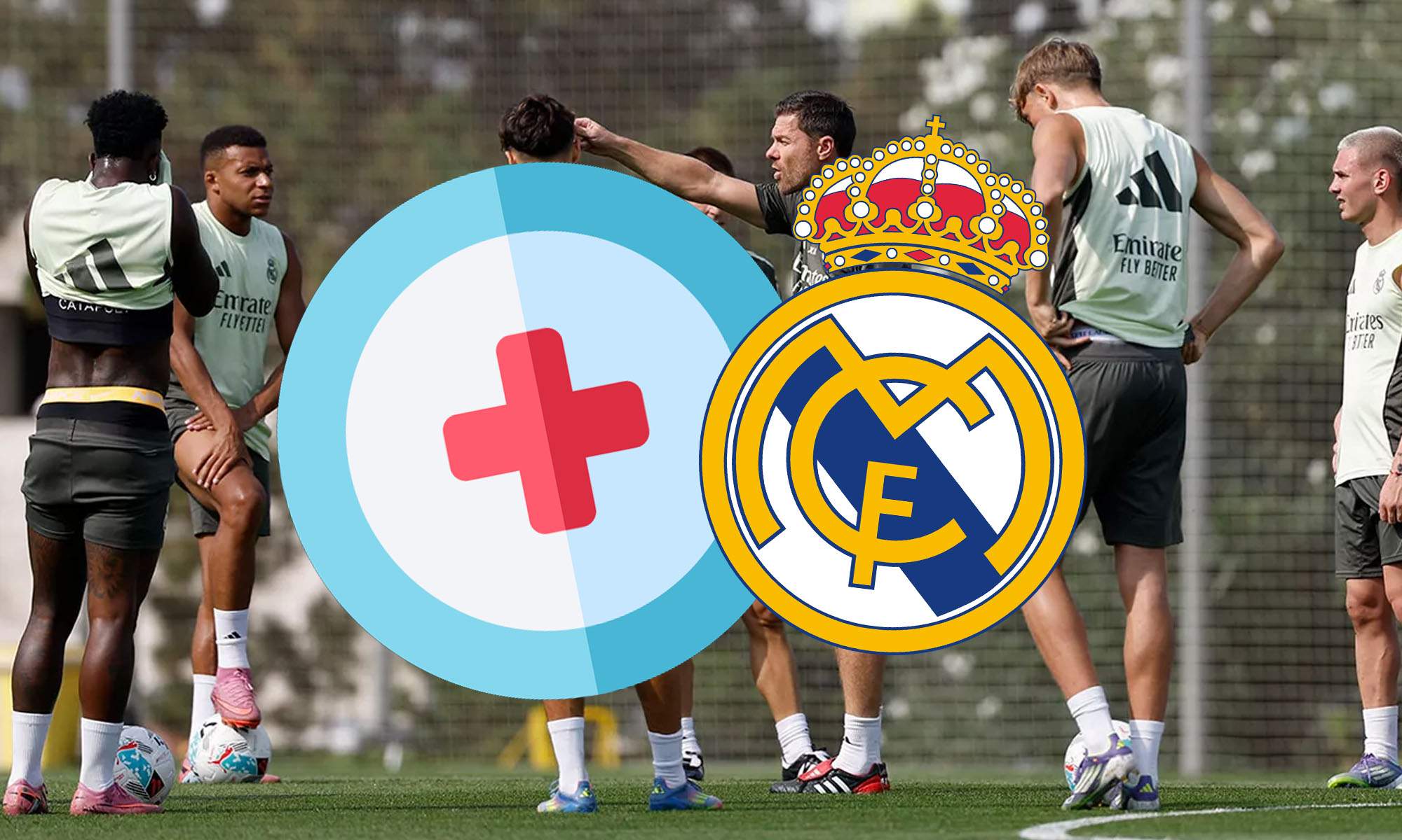 Entrenamiento con simbolo de lesion y escudo Real Madrid