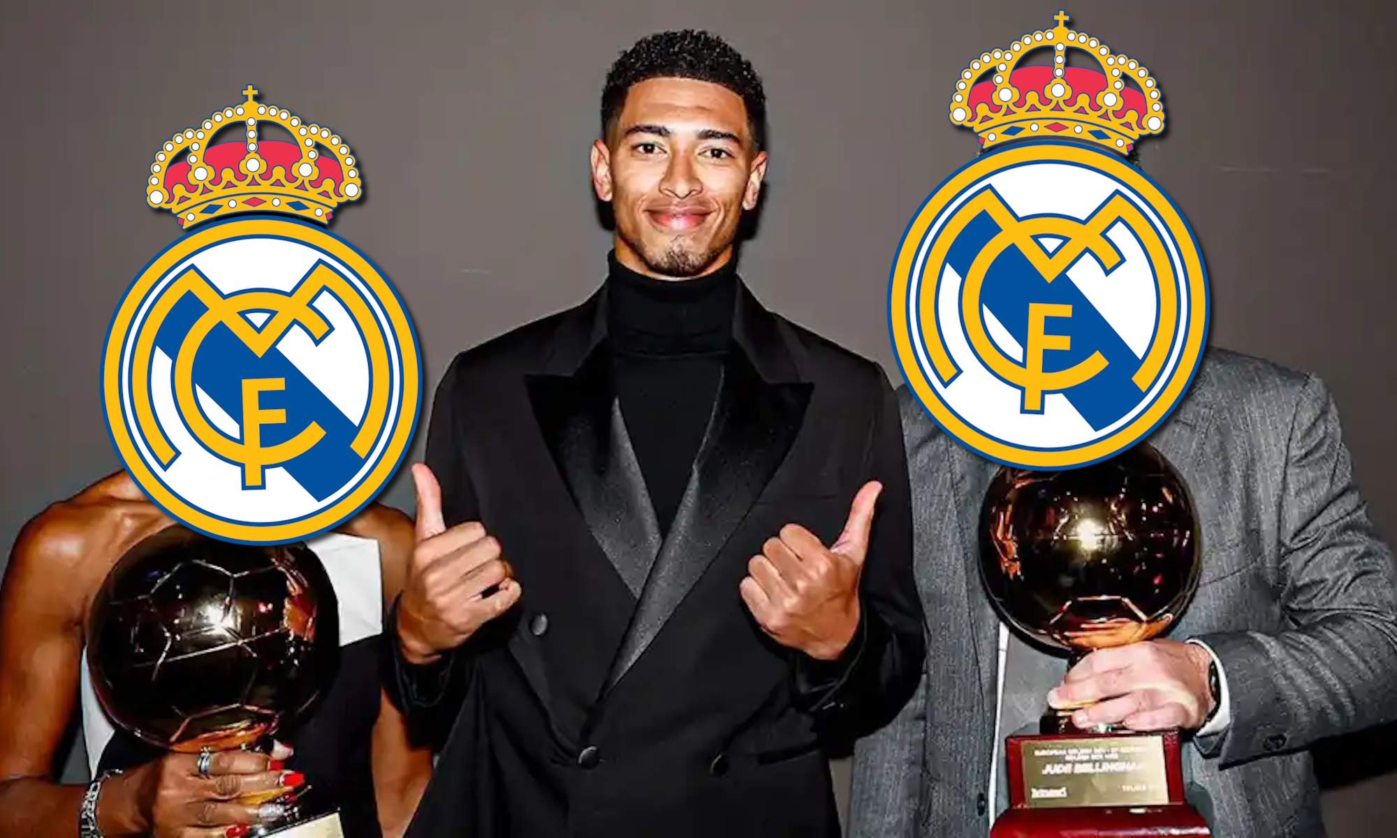 Jude Bellingham con el premio Golden Boy y escudos del Real Madrid