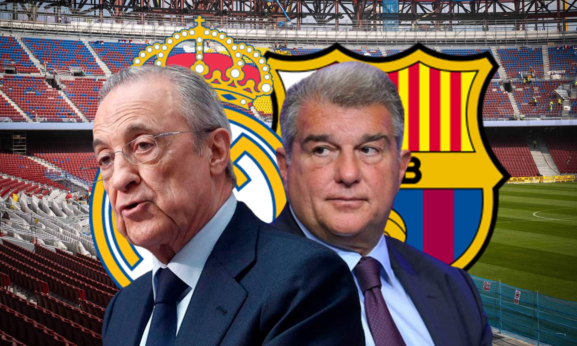 Florentino Pérez, Joan Laporta y los escudos del Real Madrid y el Barcelona. 