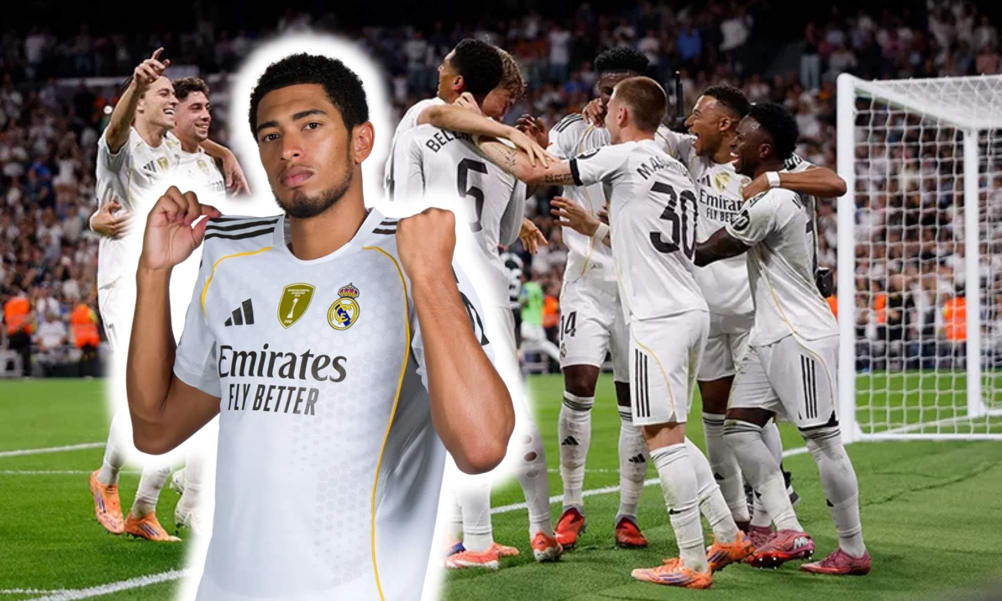 Jude Bellingham y jugadores del Real Madrid celebrando un gol