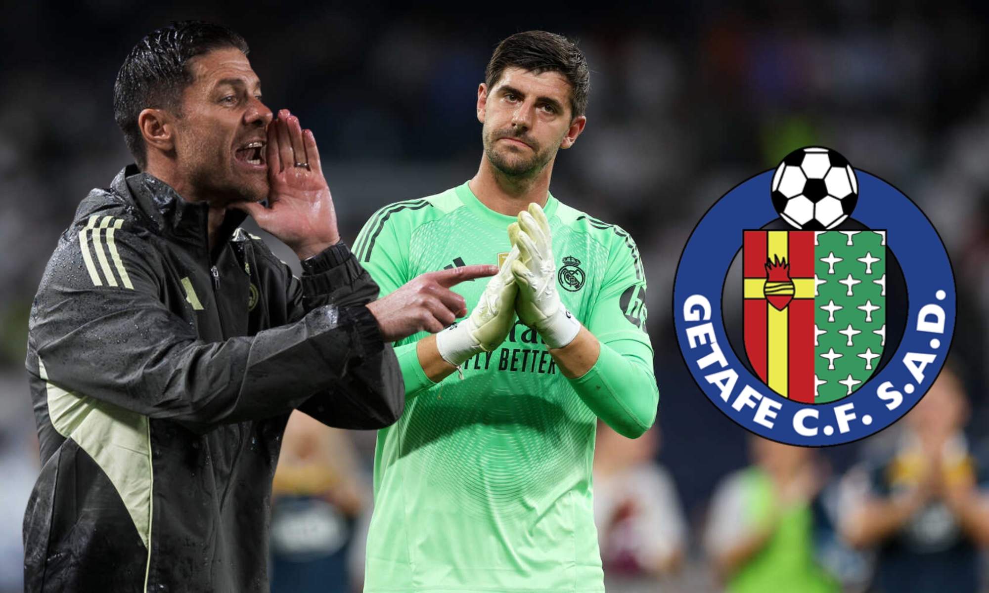 Xabi Alonso y Courtois junto al escudo del Getafe