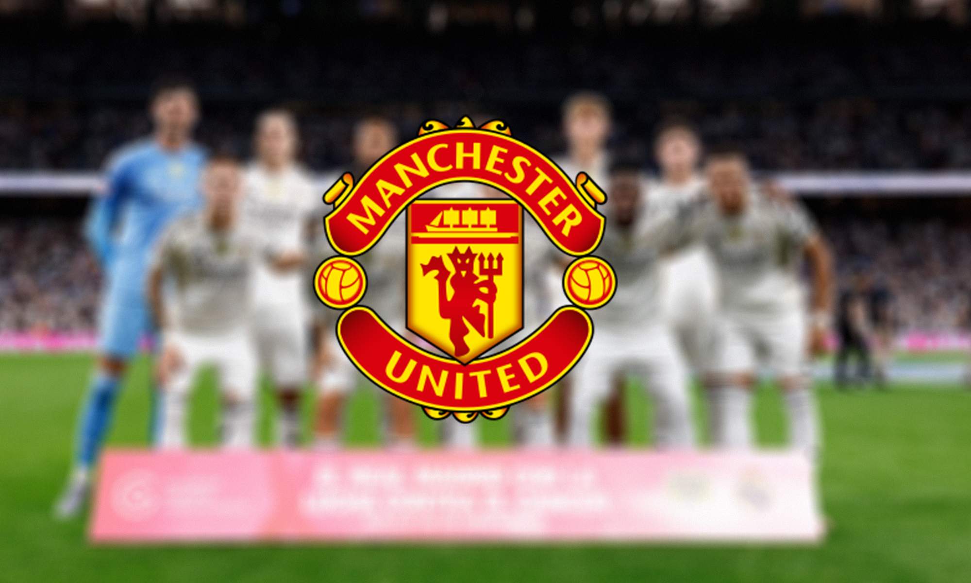 Escudo del Manchester United y jugadores del Real Madrid.