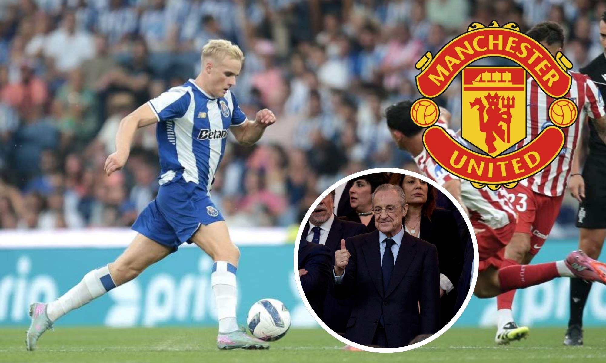 Víctor Froholdt con Florentino Pérez y escudo del Manchester United