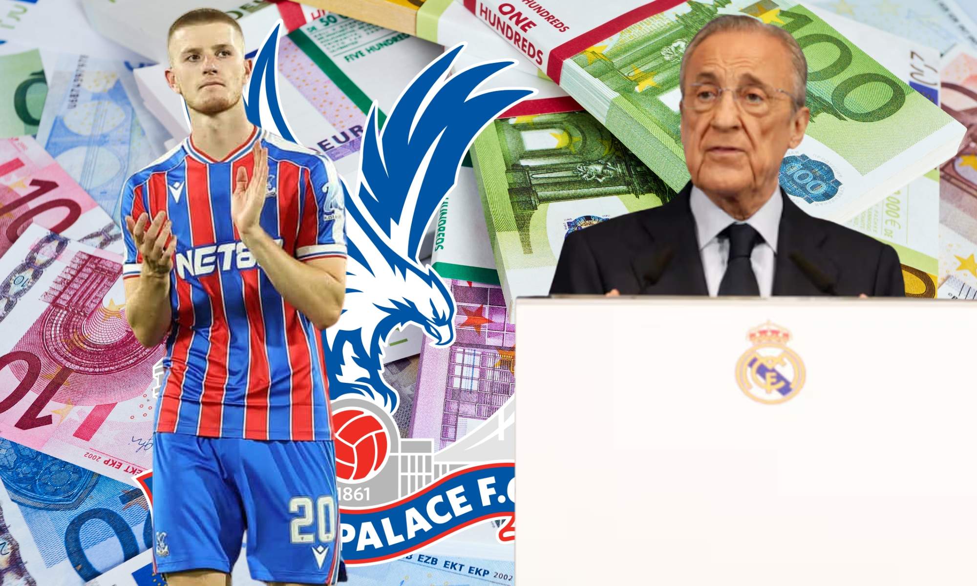 Adam Wharton del Crystal Palace y Florentino Pérez