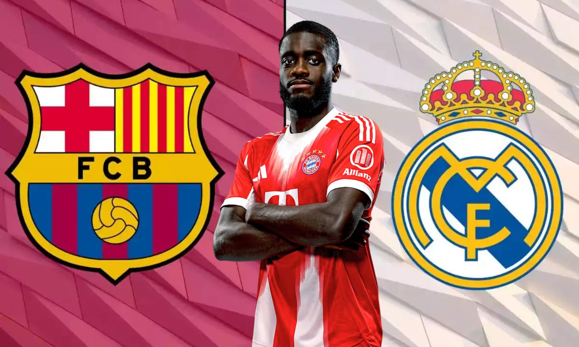 Upamecano con los escudos de Barça y Real Madrid