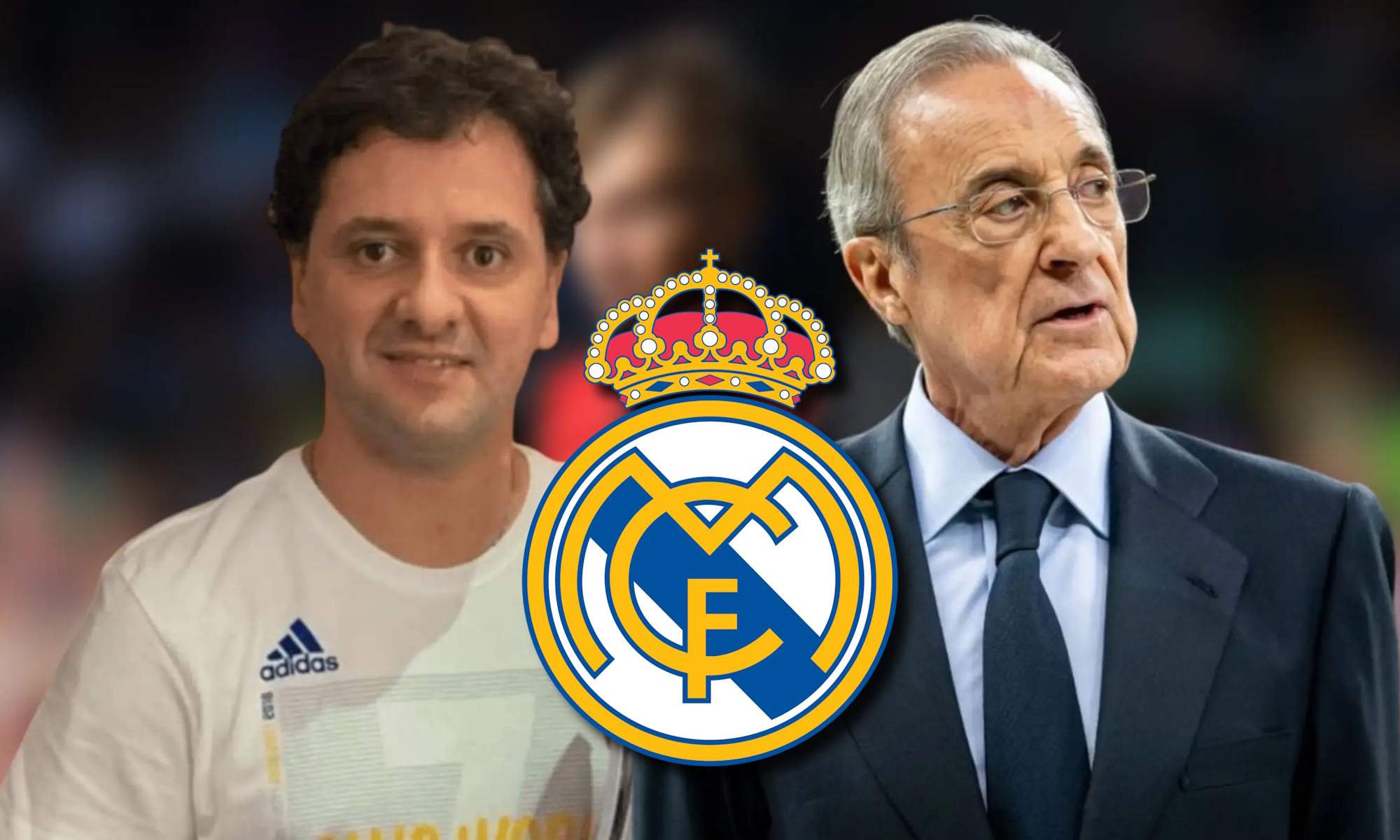 Florentino Pérez y Juni Calafat y escudo Real Madrid