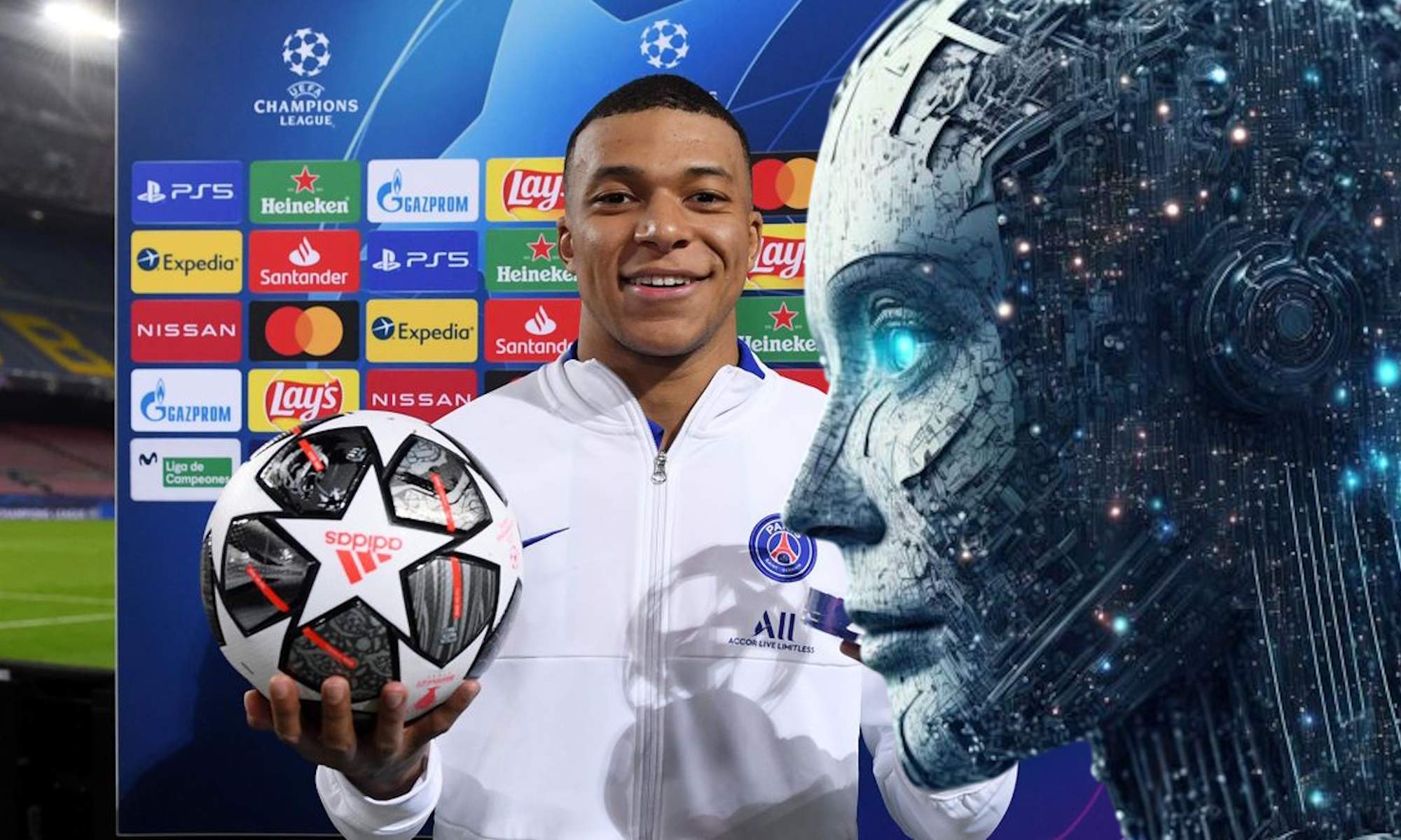 Mbappé con el balón de la Champions y cara de IA
