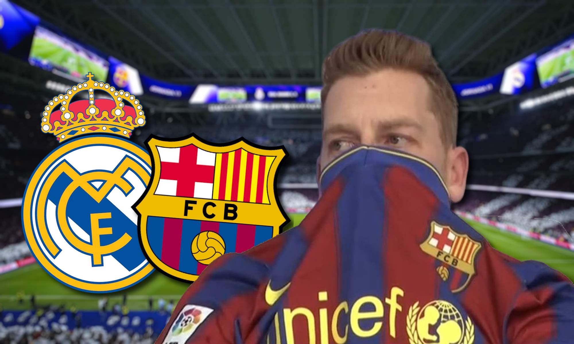 Jota Jordi y escudos de Real Madrid y Barça