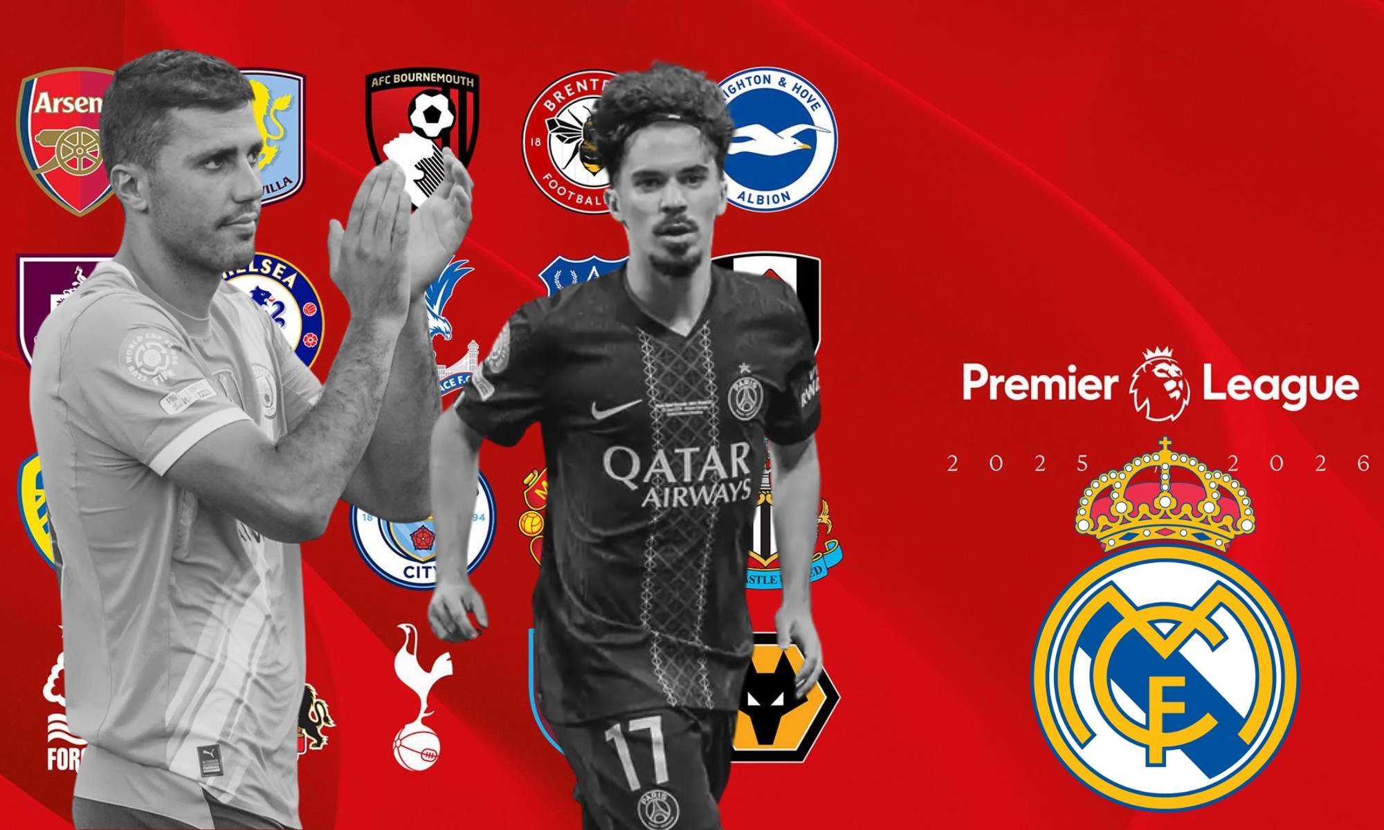 Rodri y Vitinha con el escudo del Real Madrid sobre la Premier League