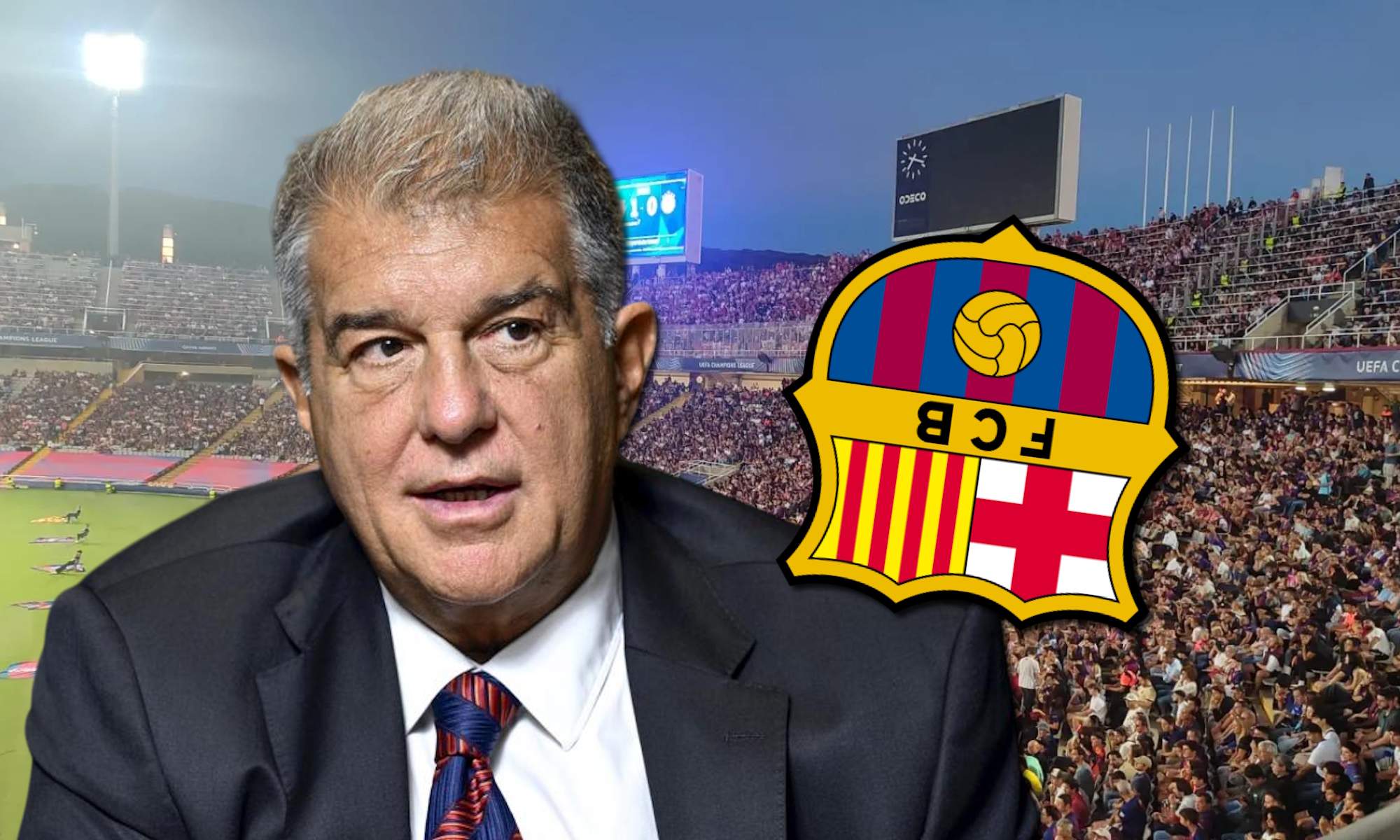 Laporta, escudo Barça al revés y fondo de estadio