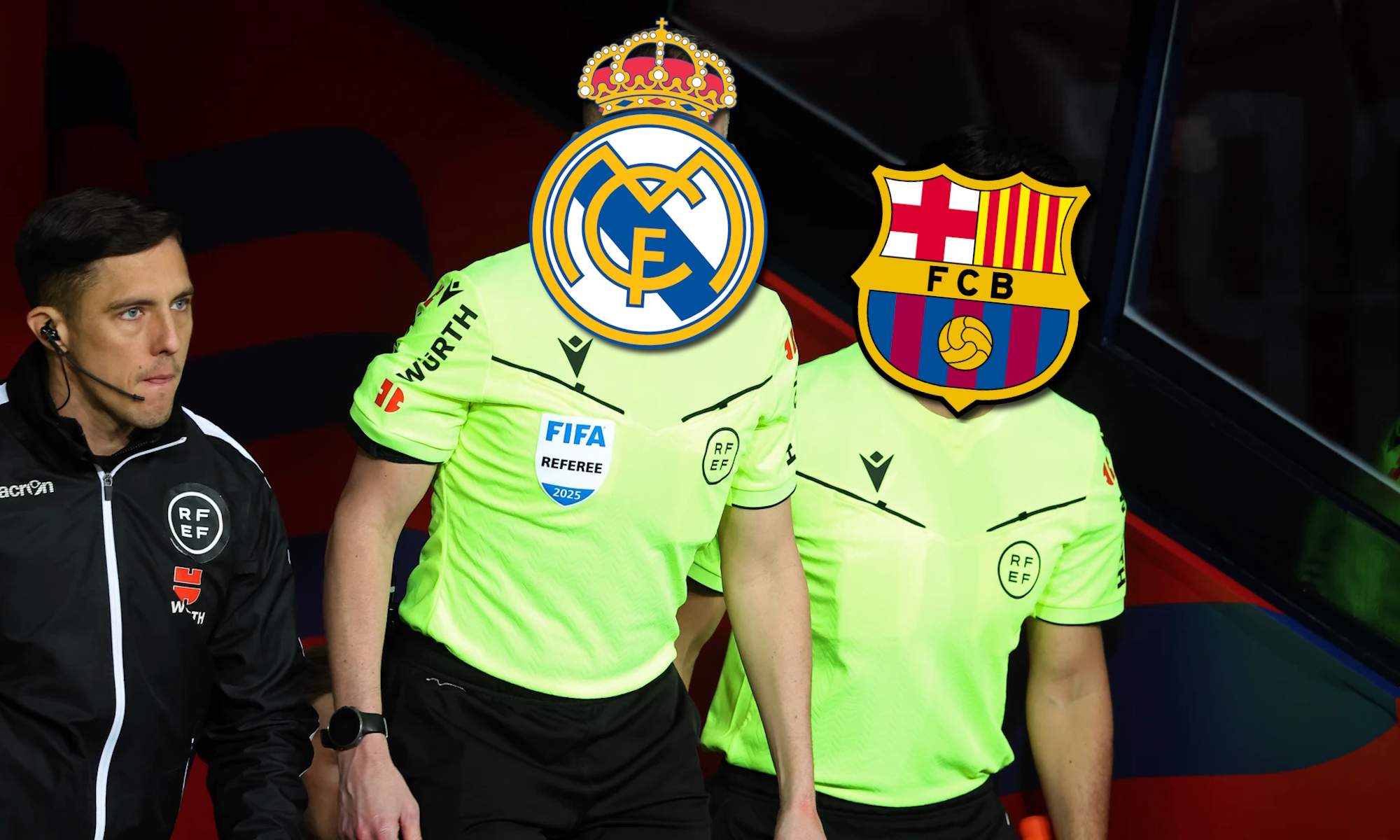 Arbitros tapados por escudos de Real Madrid y Barça
