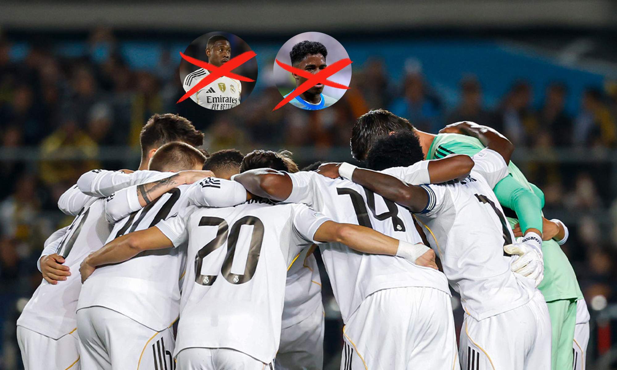 David Alaba, Endrick y jugadores del Real Madrid hablando. 