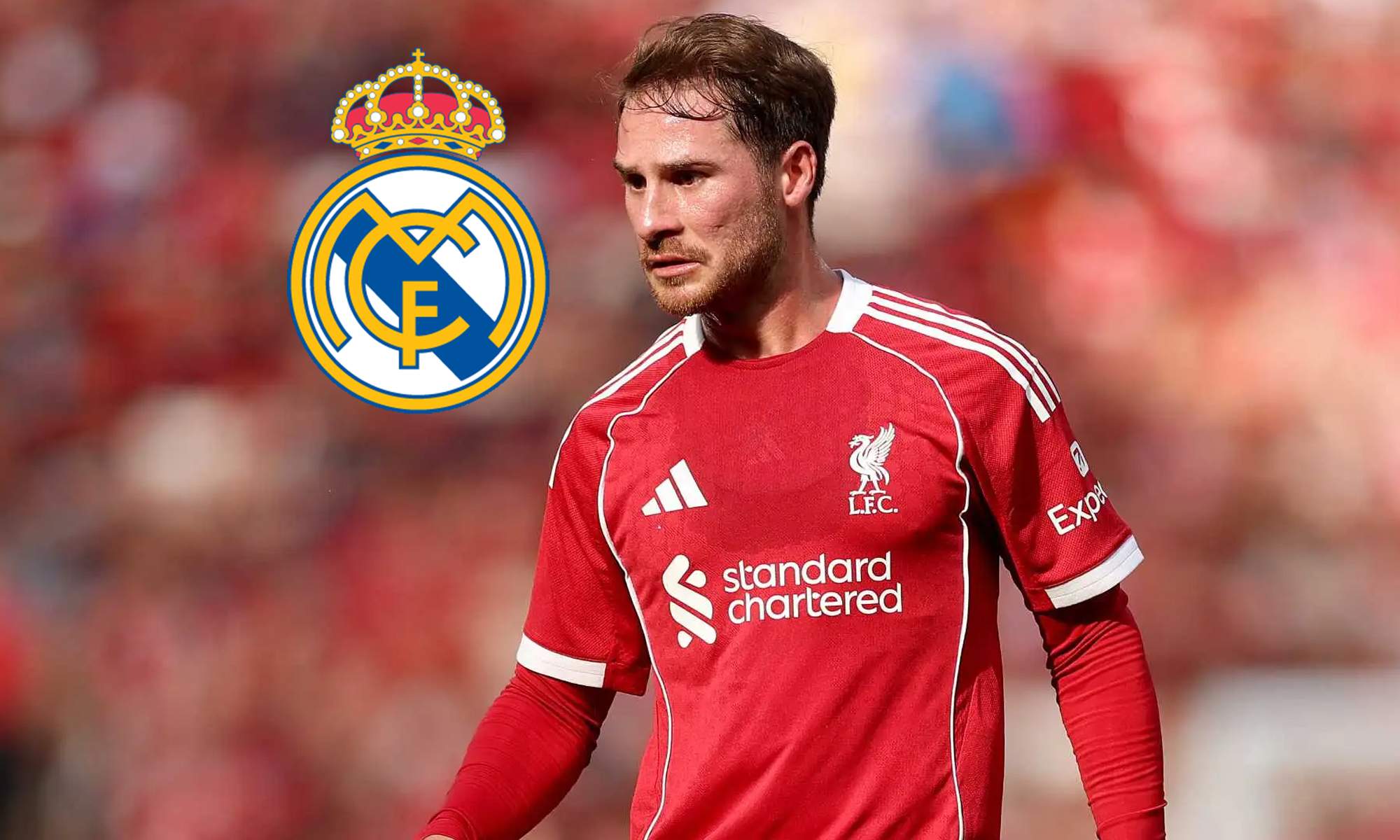 Mac Allister y el escudo del Real Madrid. 