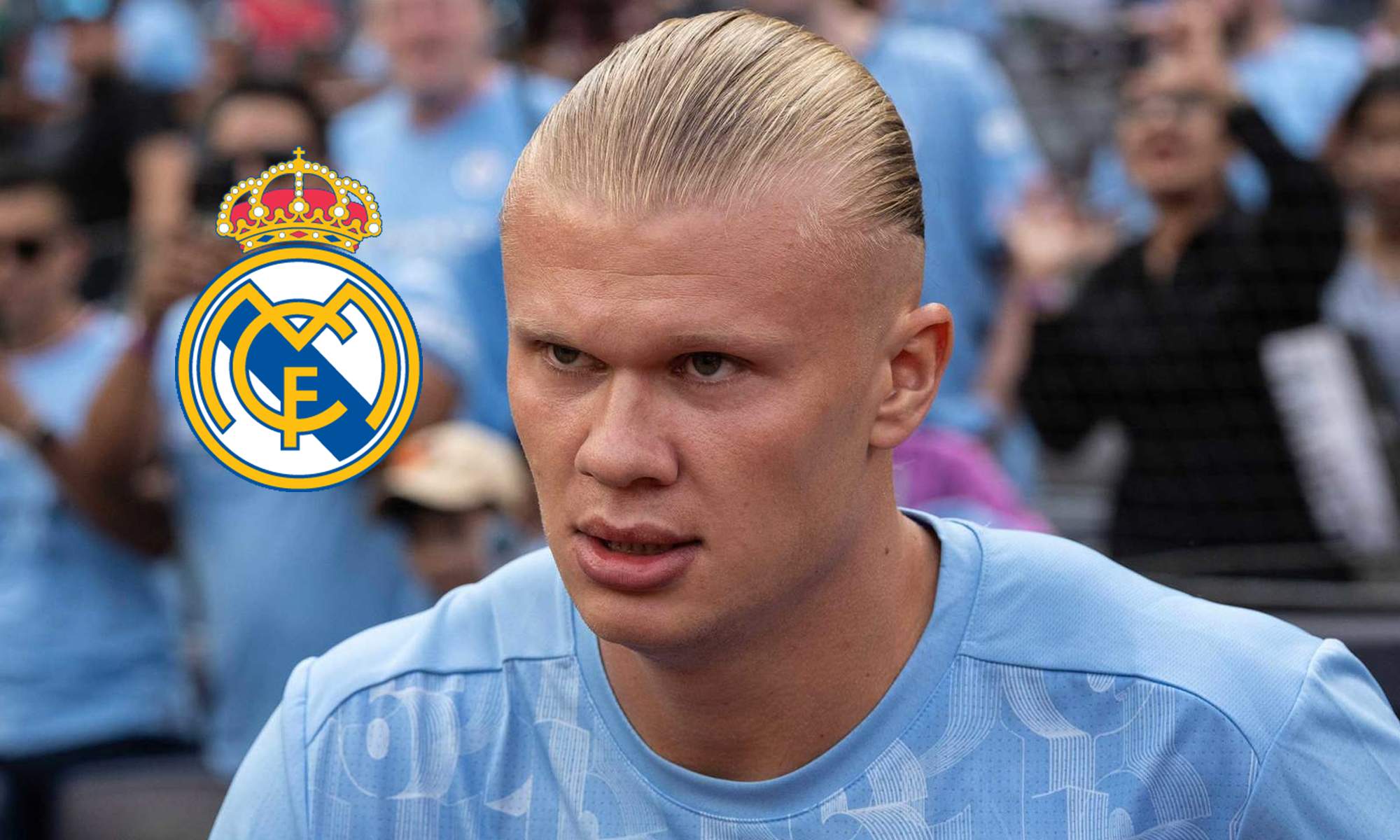 Erling Haaland y un escudo del Real Madrid. 
