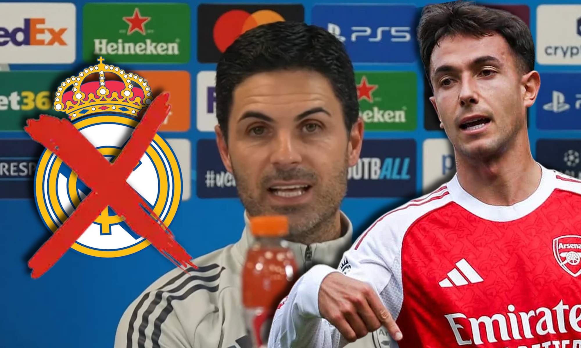 Mikel Arteta en rueda de prensa y Zubimendi y escudo del Real Madrid tachado Mikel Arteta en rueda de prensa y Zubimendi y escudo del Real Madrid tachado