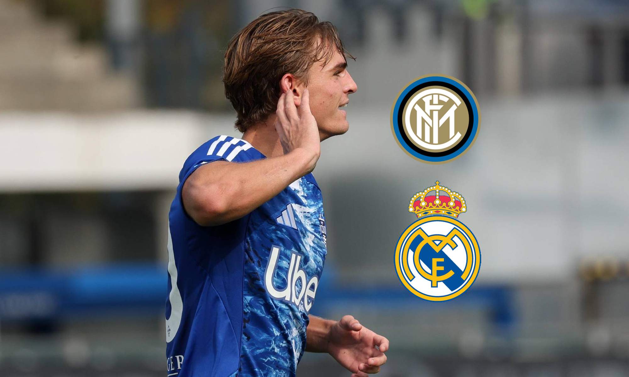 Nico Paz y los escudos del Inter de Milán y el Real Madrid.  Nico Paz y los escudos del Inter de Milán y el Real Madrid.