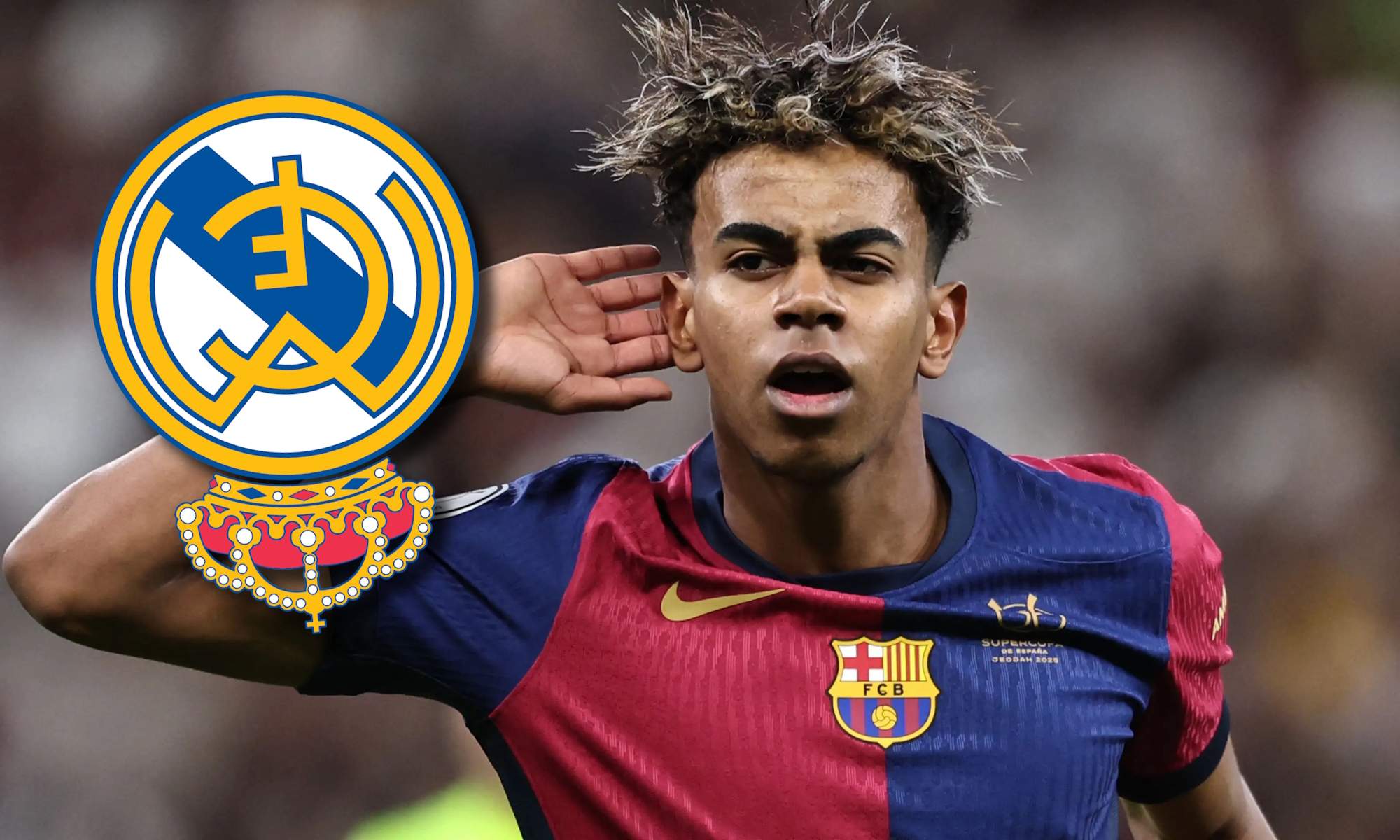 Lamine Yamal y escudo del Real Madrid al revés Lamine Yamal y escudo del Real Madrid al revés