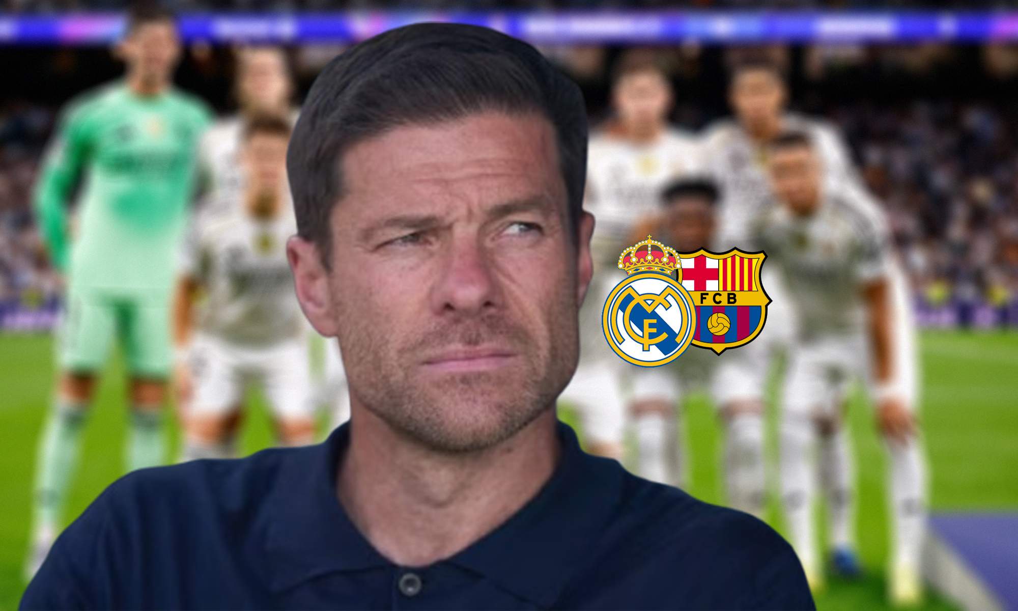Xabi Alonso, los escudos del Real Madrid y el Barcelona y un once blanco. Xabi Alonso, los escudos del Real Madrid y el Barcelona y un once blanco.