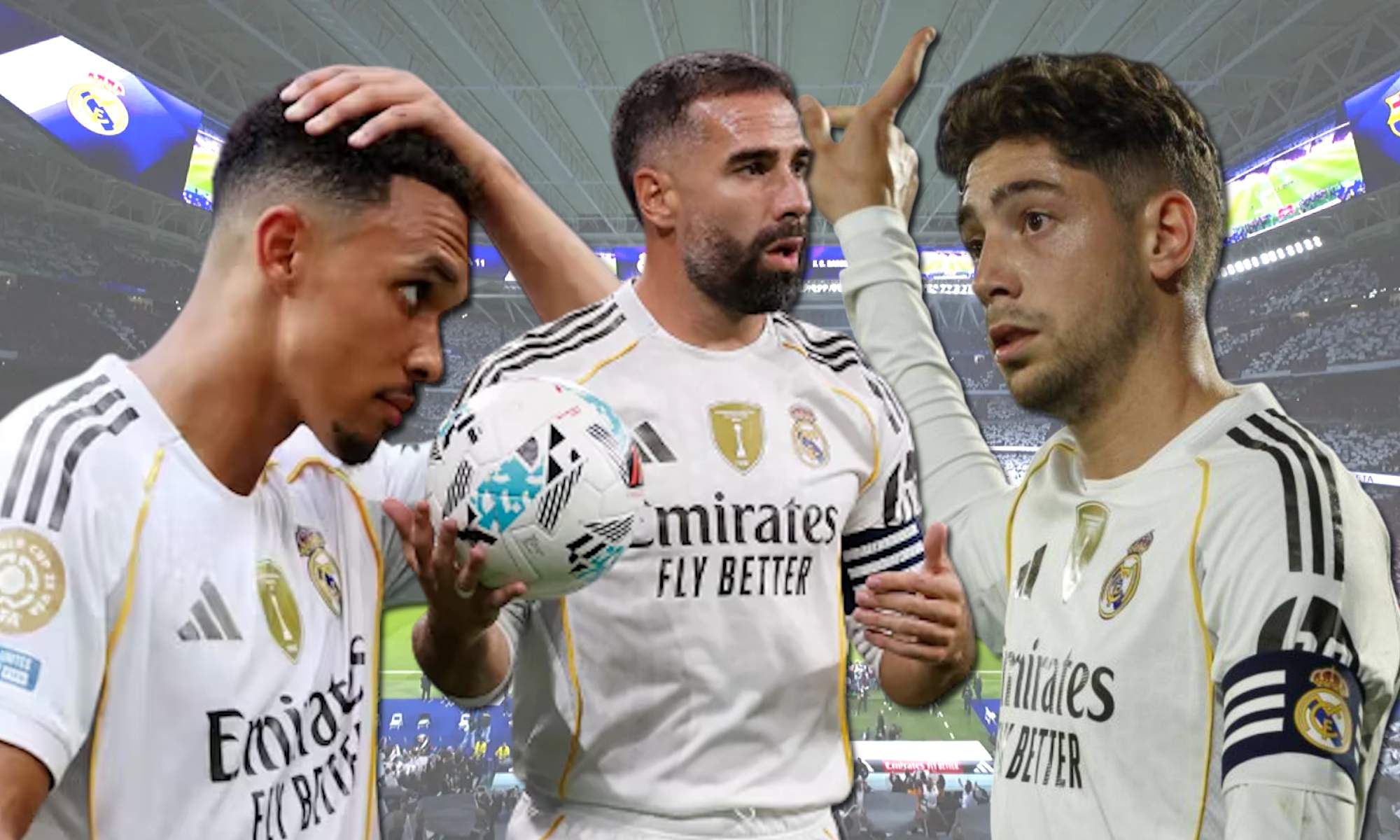 Trent, Carvajal y Fede Valverde con fondo del Bernabéu Trent, Carvajal y Fede Valverde con fondo del Bernabéu